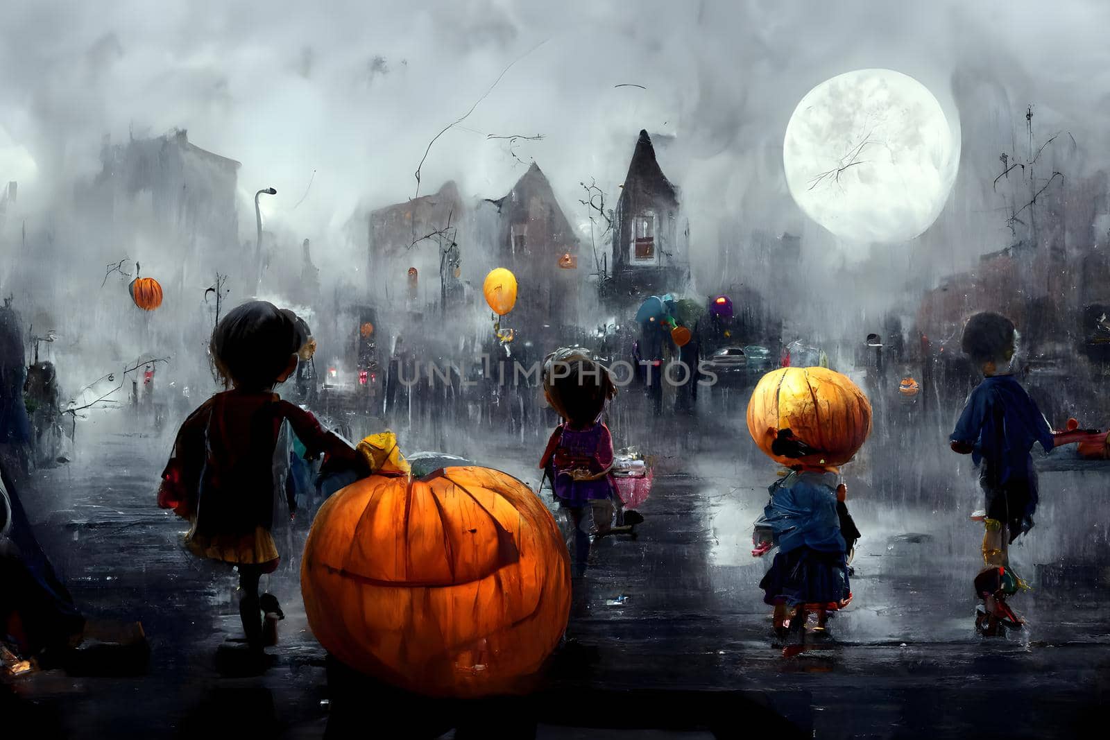 kids playing on night halloween street, american neighborhood background, neural network generated art. Digitally generated image. Not based on any actual scene or pattern.