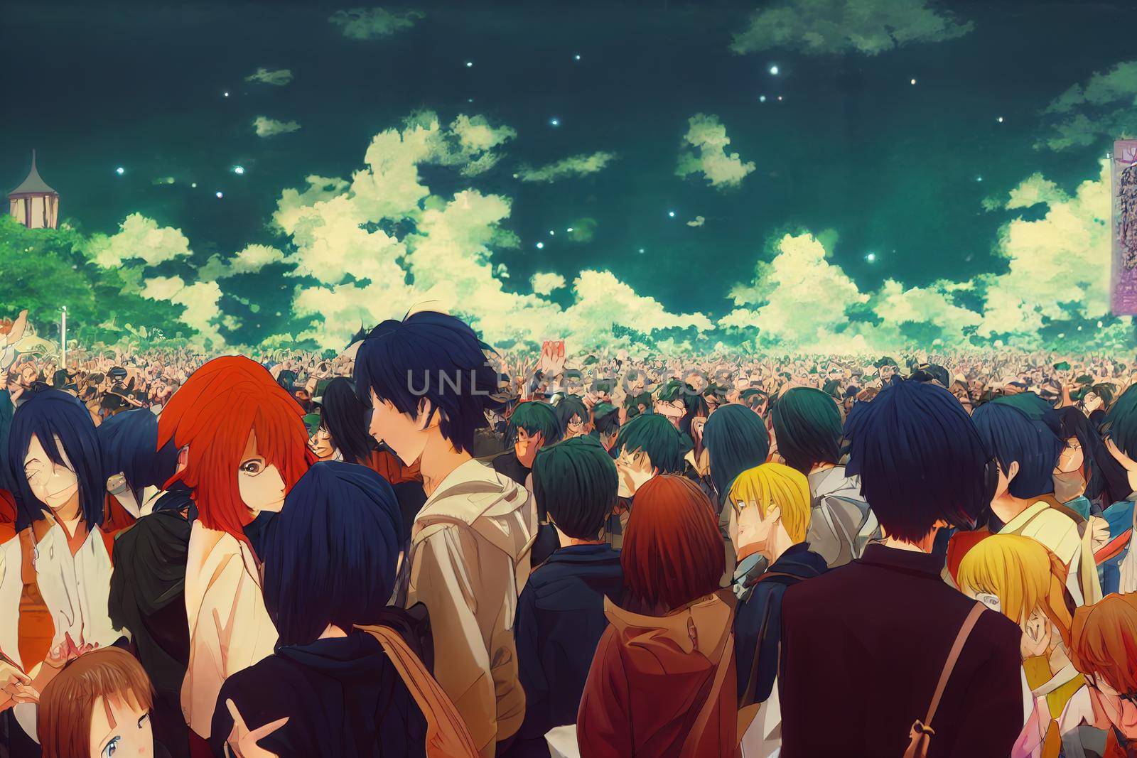 anime crowds in cinematic atmosphere by 2ragon