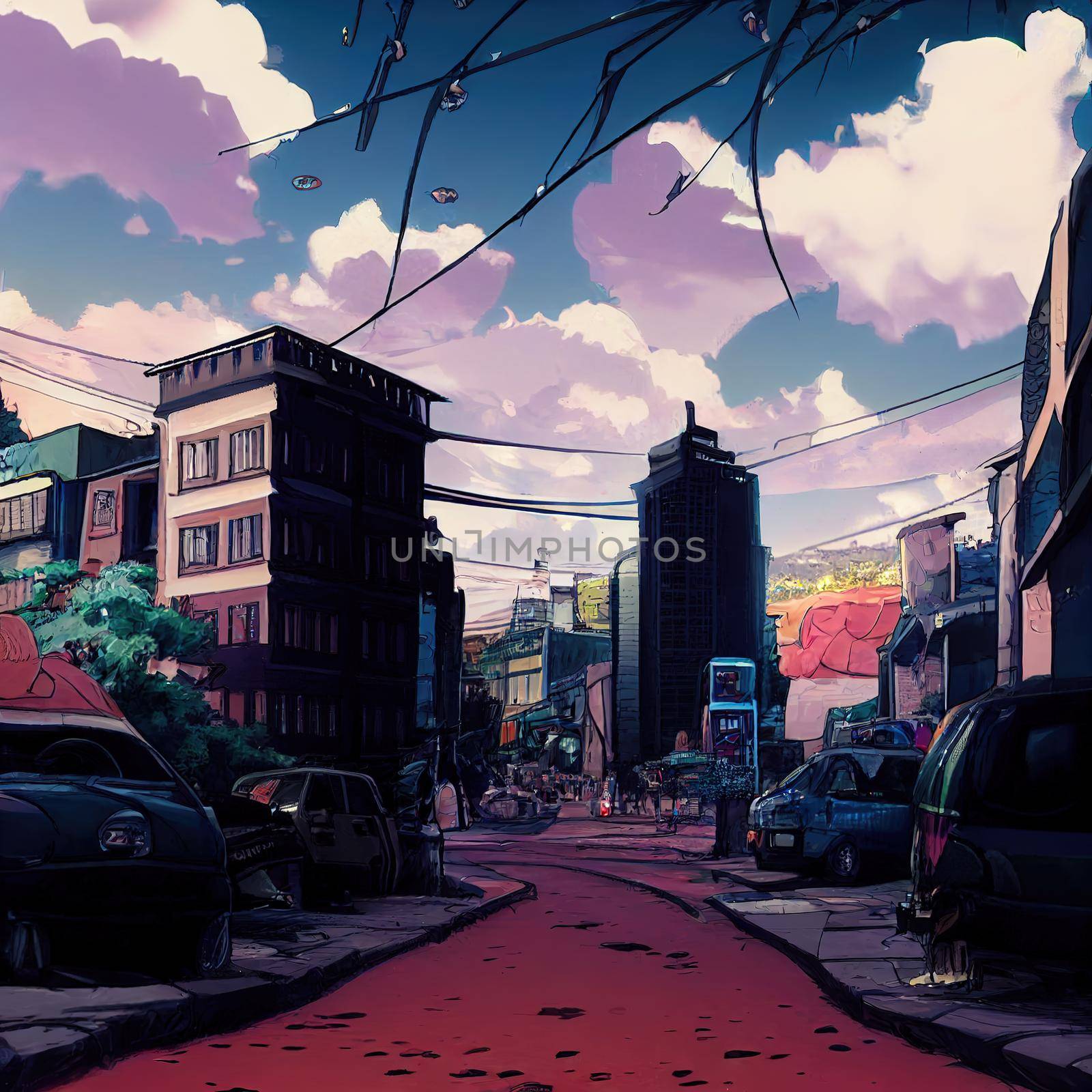 anime style city street with a lot of cars by 2ragon