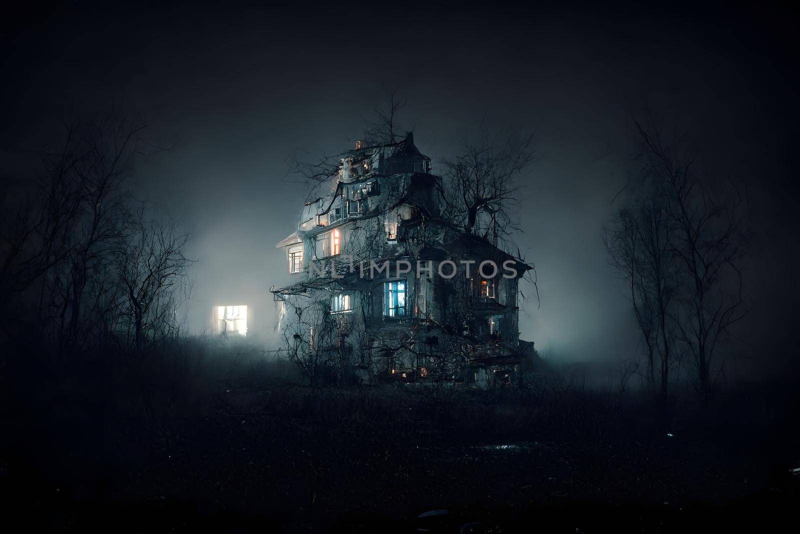 dark haunted house with illuminated windows at spooky misty dark halloween night, neural network generated art. Digitally generated image. Not based on any actual scene or pattern.