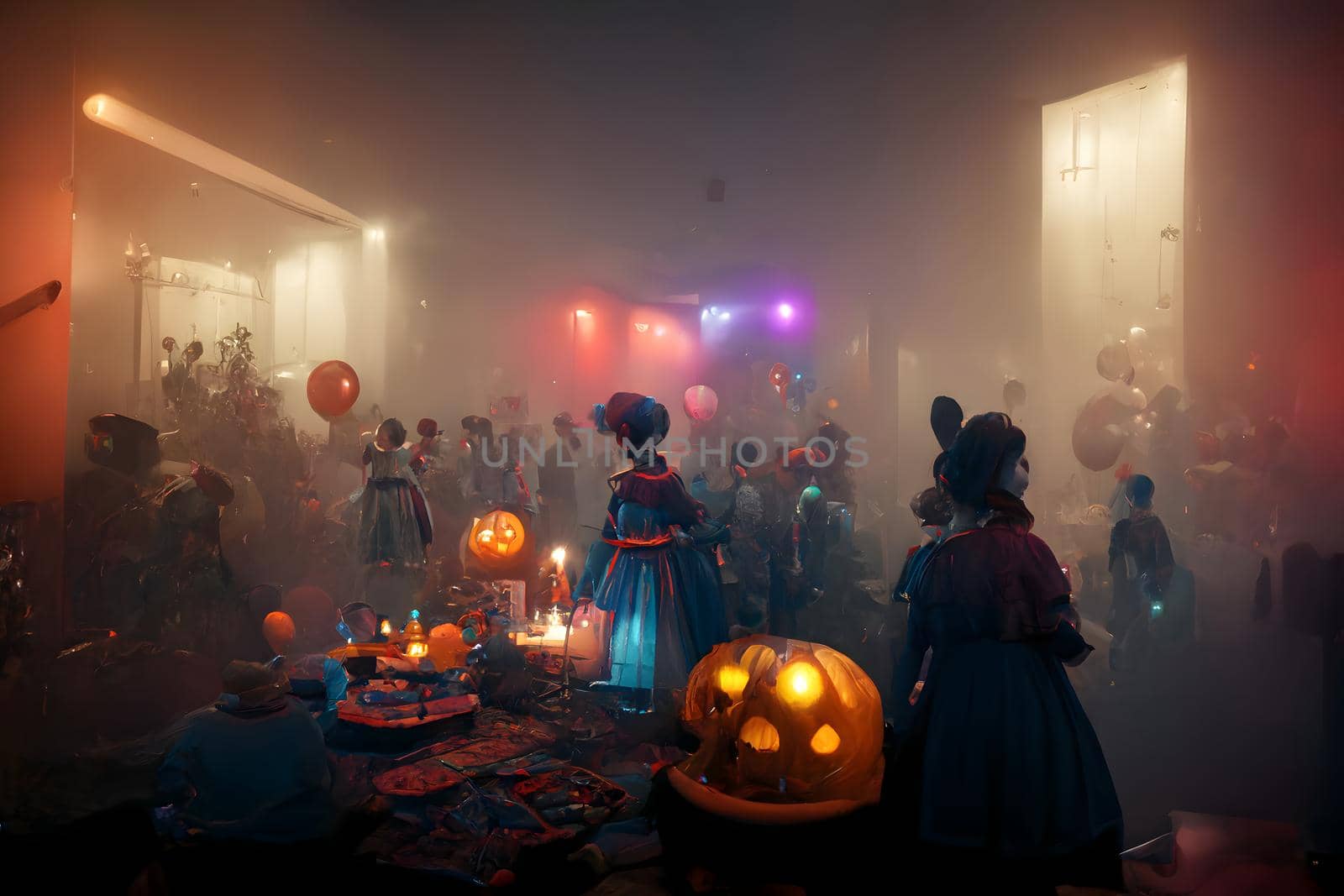 halloween decorated home interior with costumed figures and smoke or fog, neural network generated art. Digitally generated image. Not based on any actual scene or pattern.