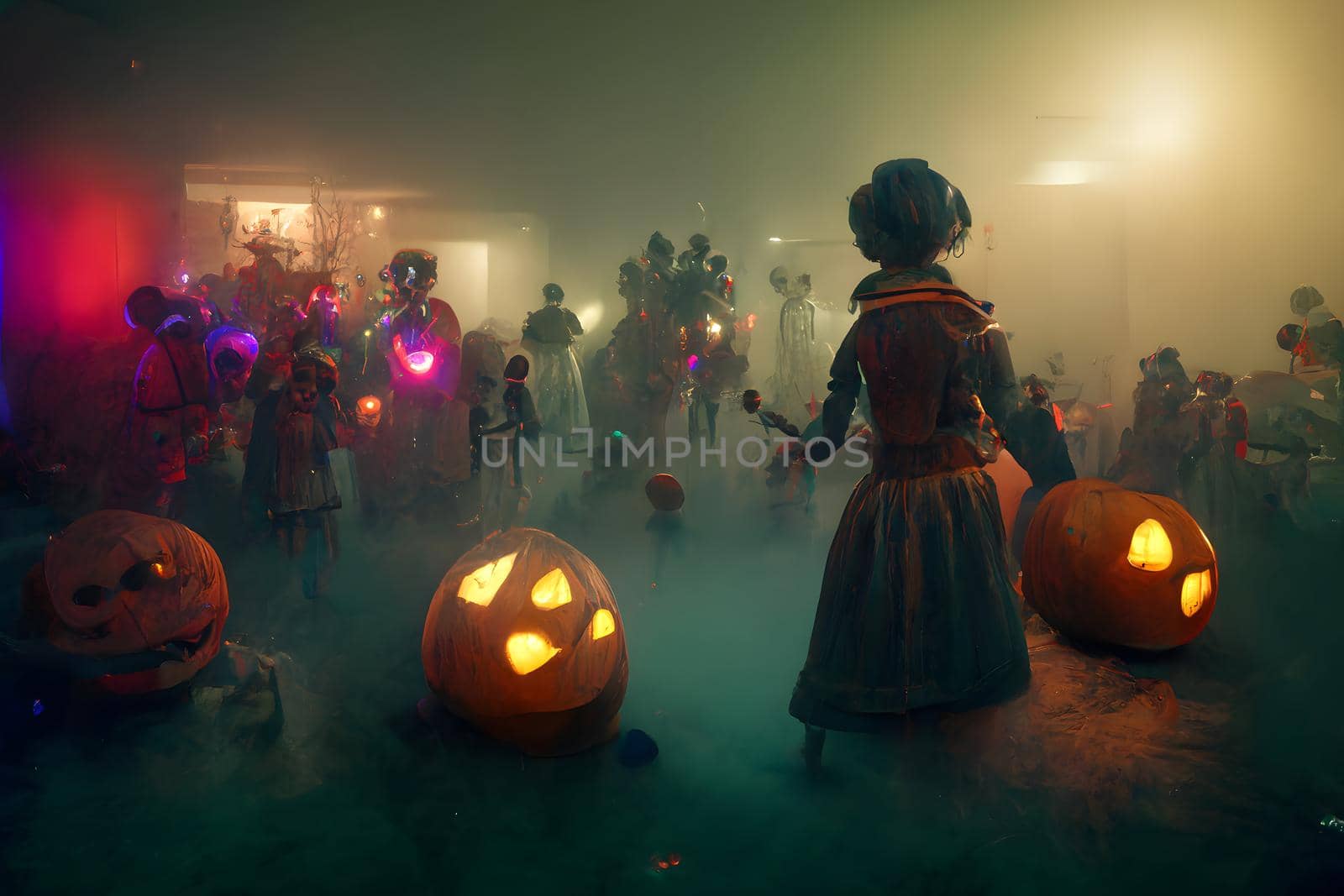 halloween decorated home costumed party in interior with smoke or fog, neural network generated art. Digitally generated image. Not based on any actual scene or pattern.