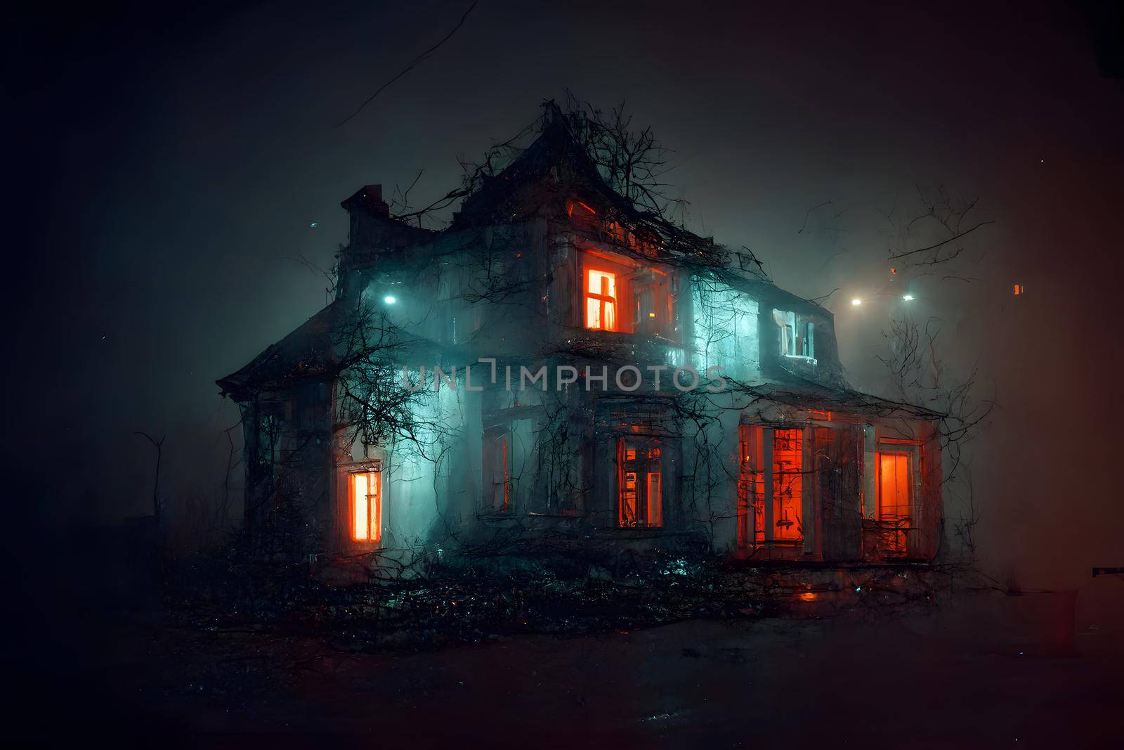 dark haunted house with illuminated windows at spooky misty dark halloween night, neural network generated art. Digitally generated image. Not based on any actual scene or pattern.