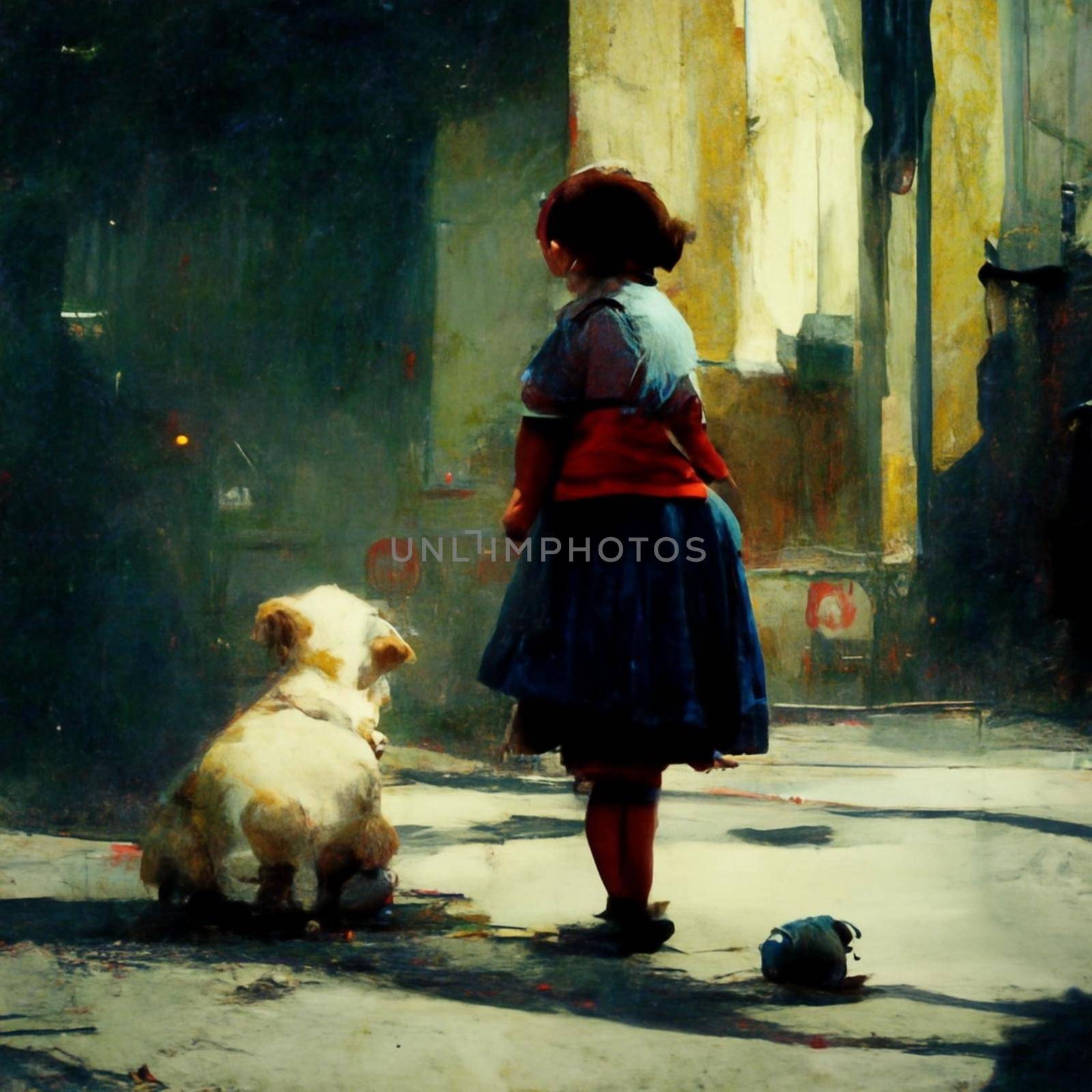 Little fat girl playing with a the dog in the street