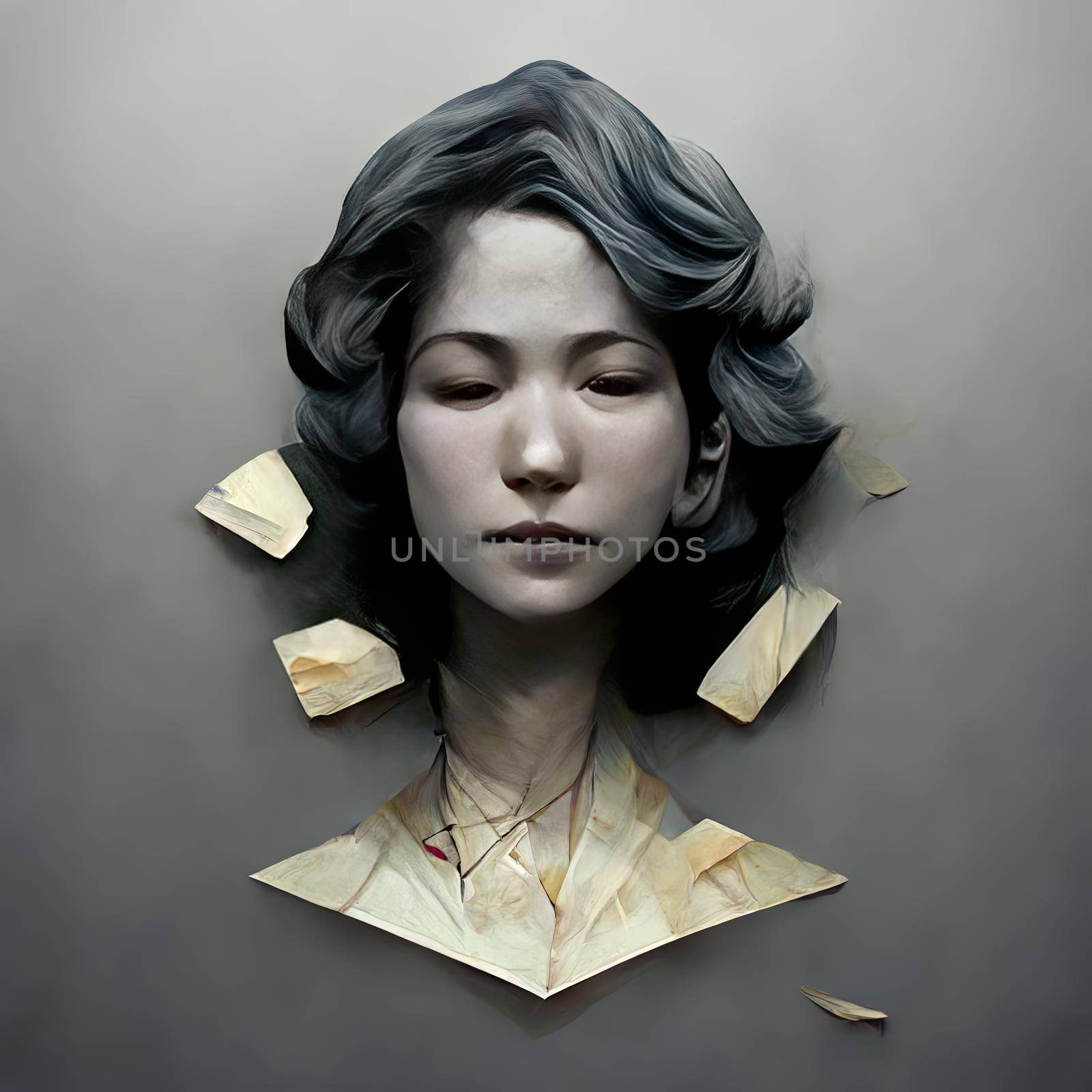 Three dimensional render of woman disintegrating into tiny pieces. High quality 3d illustration