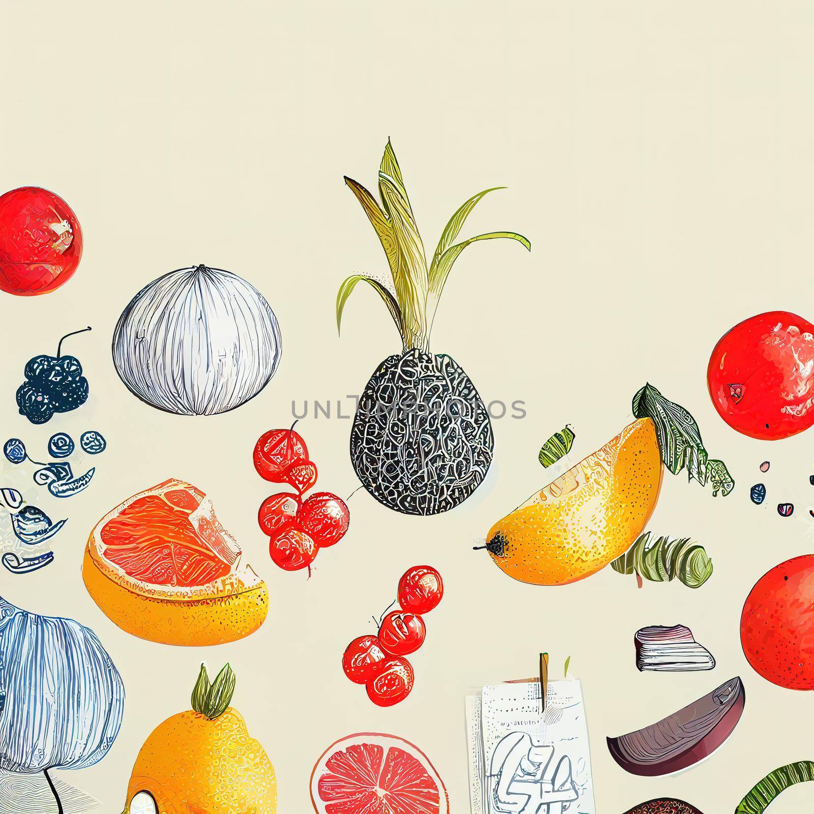 Fresh stylish illustration with abstract elements, doodles and fruits. High quality 3d illustration