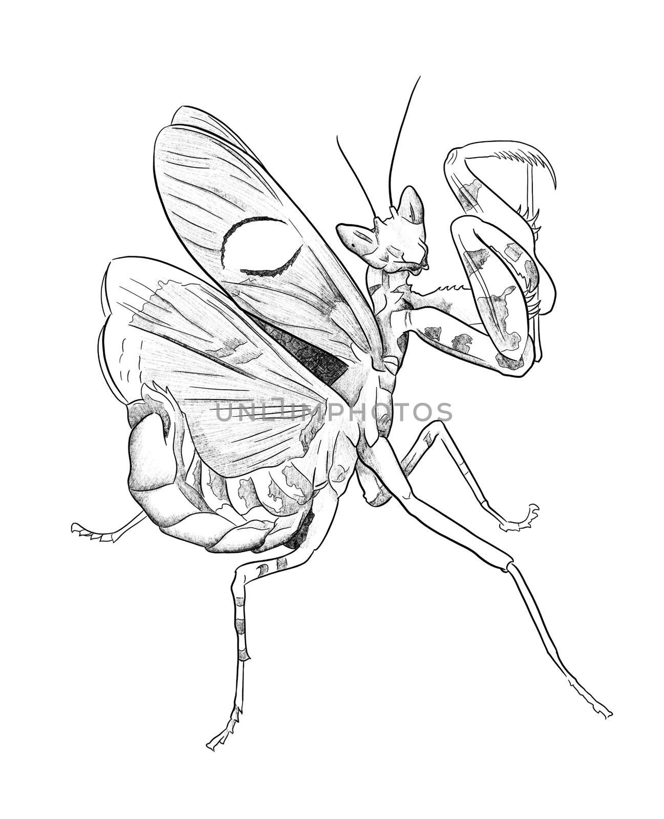 pencil drawing of a praying mantis with paws up illustration