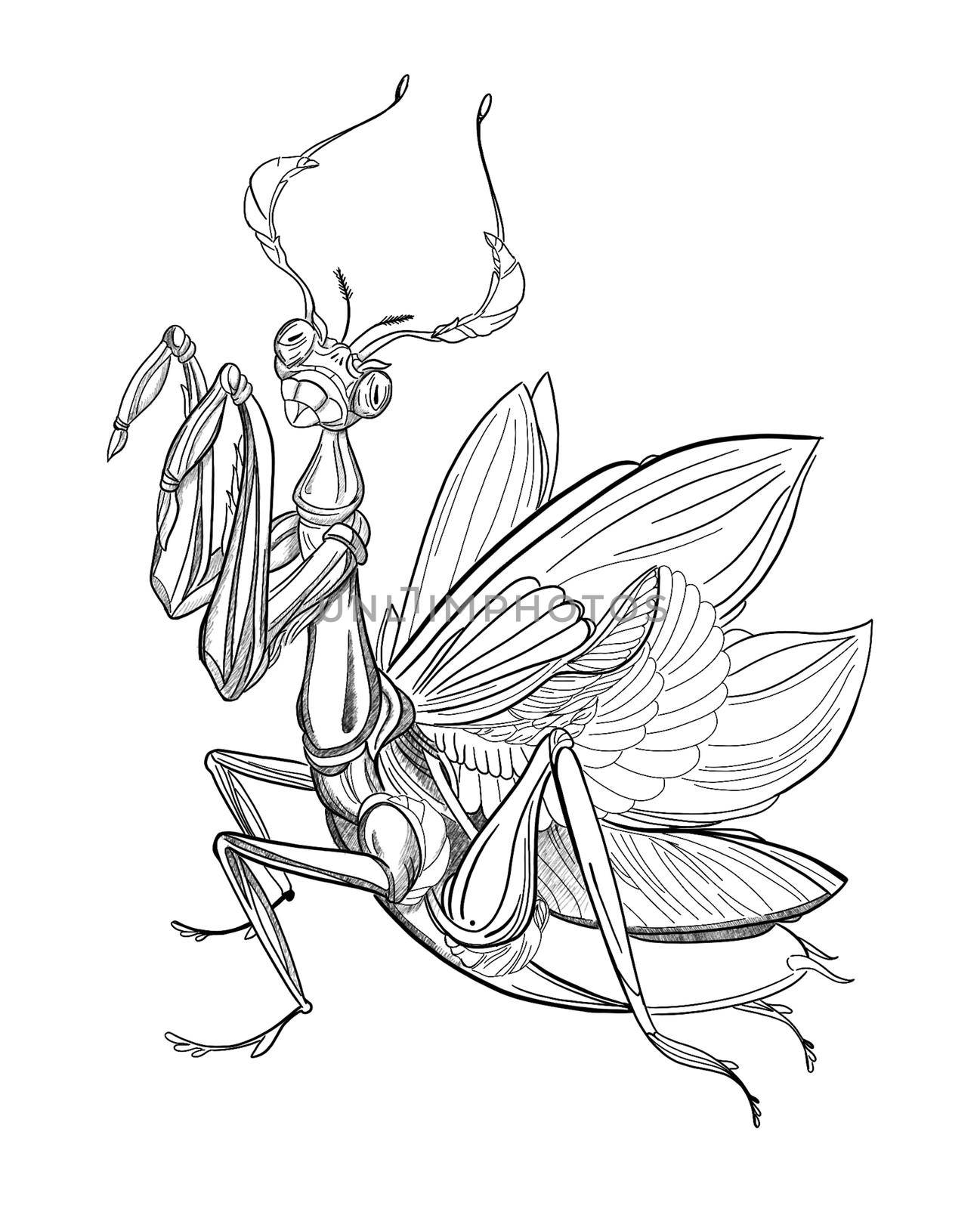 pencil drawing of a praying mantis with paws up illustration