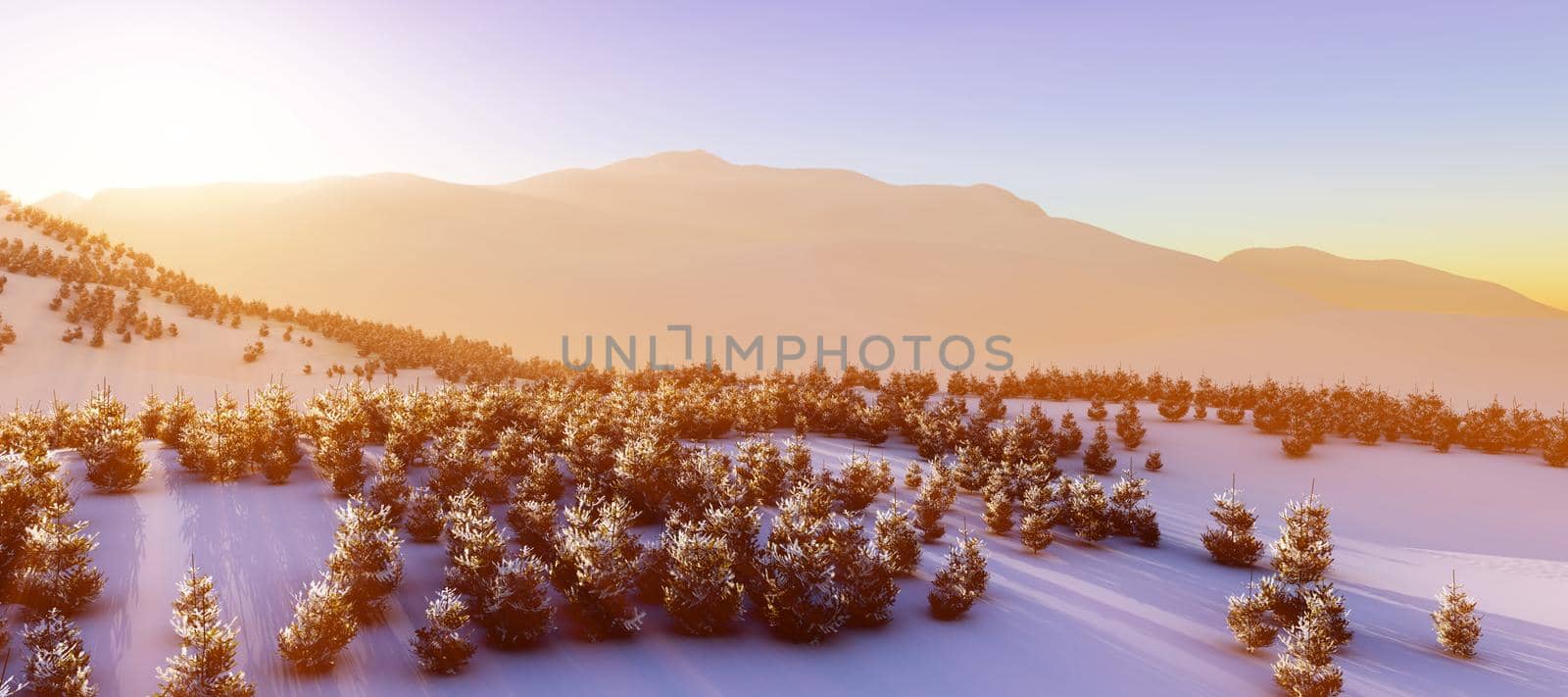 above winter forest mountain sunset 3D rendering illustration