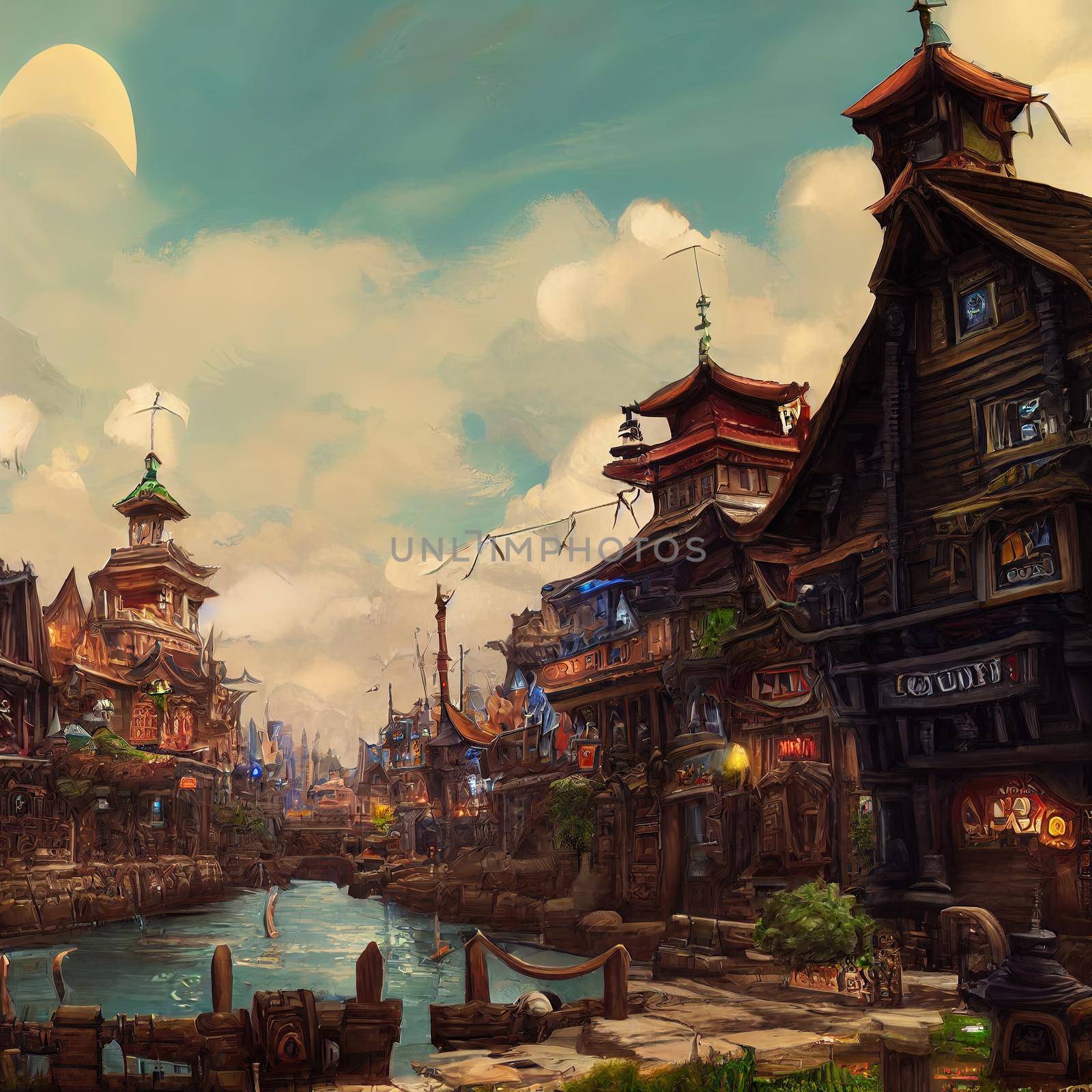 Street view, a wondrous amazing fantasy city town square by 2ragon