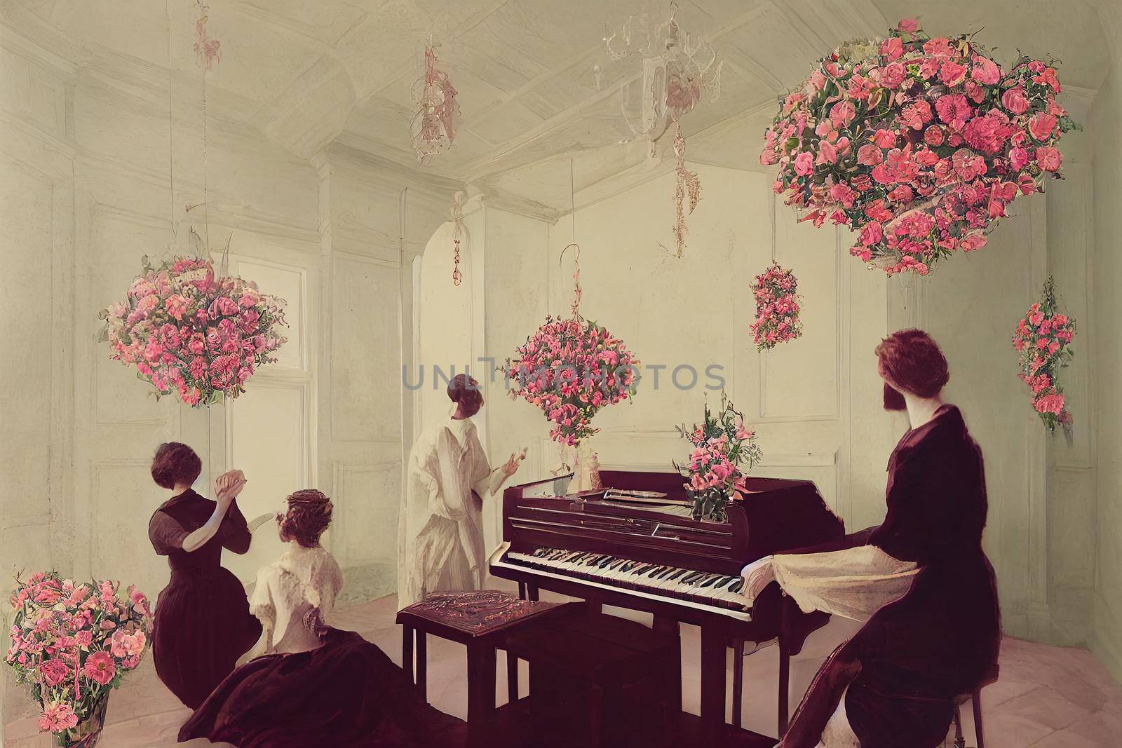 theosophical piano, four people, flower ceiling, vintage style by 2ragon