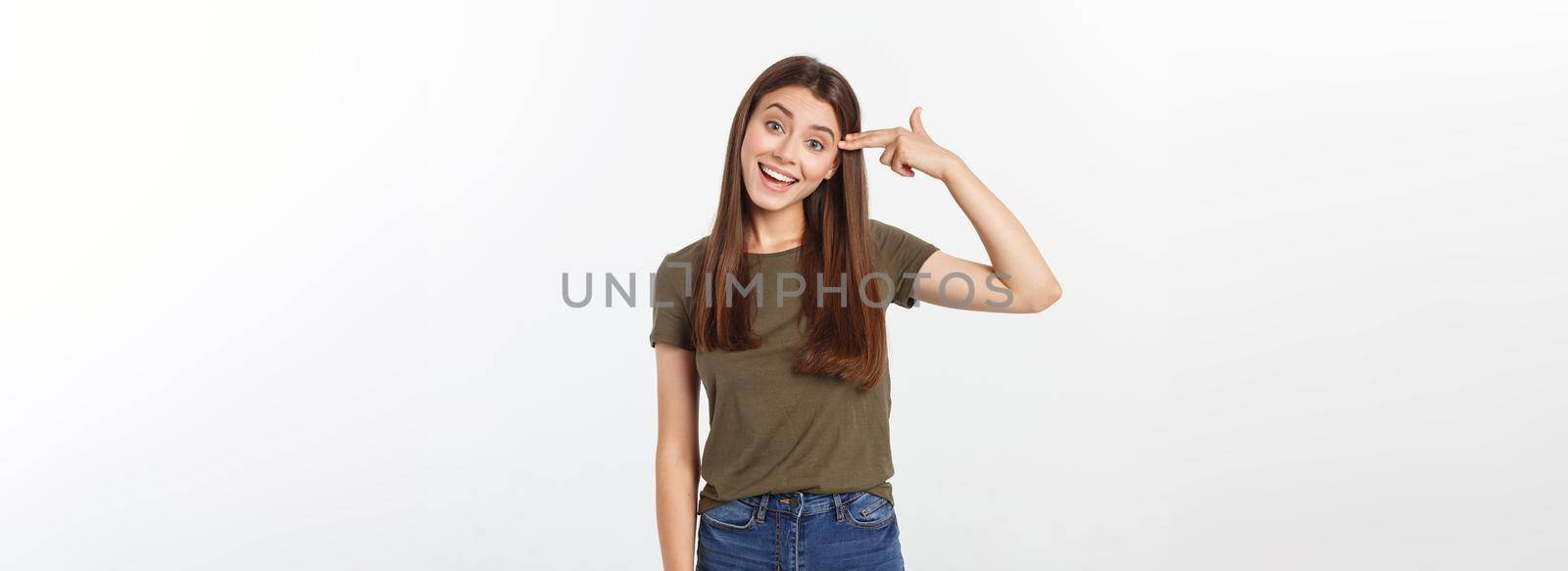 Beautiful caucasian woman smiling with open mouth and open palms.