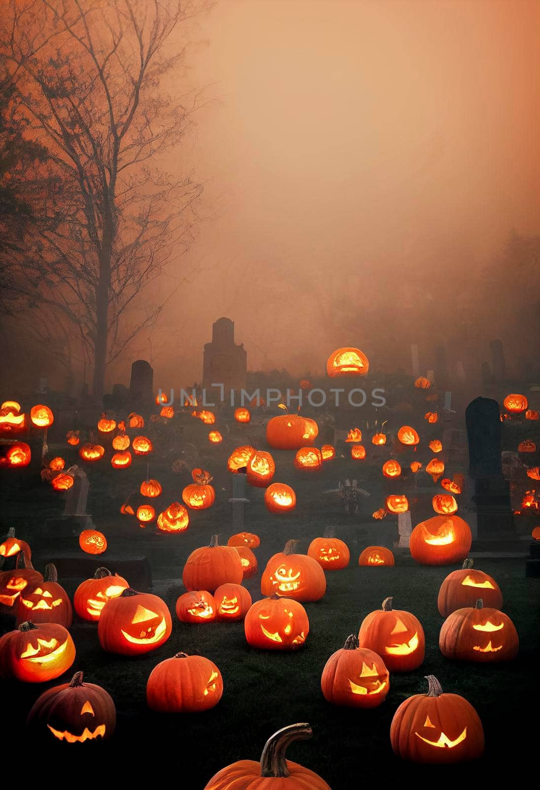 Halloween pumpkin head jack lantern with burning candles. Pumpkins in graveyard in the spooky night - halloween backdrop. by jbruiz78