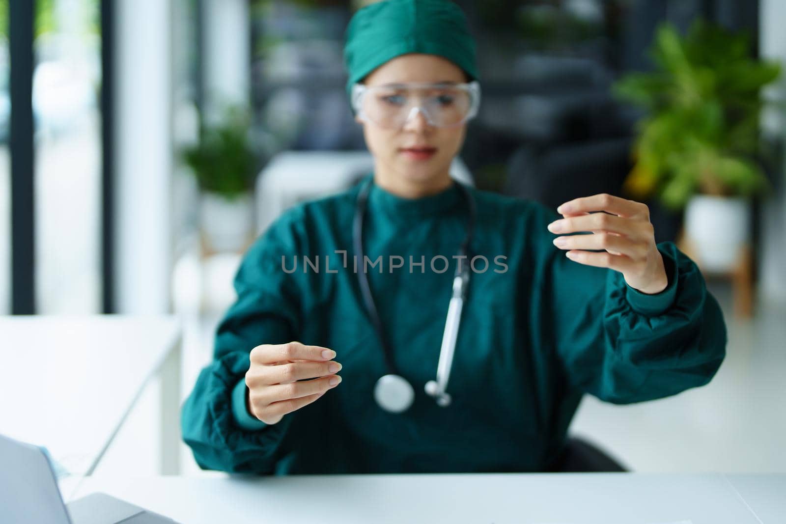 Asian healer showing gestures, describing body structure patterns. by Manastrong