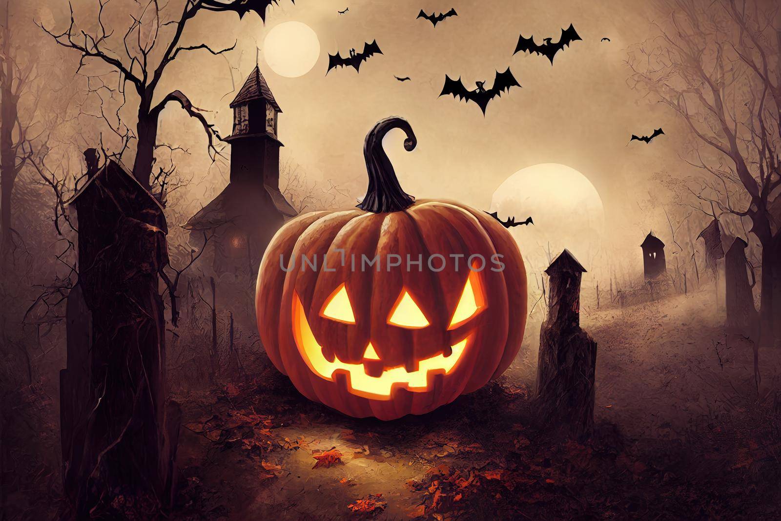 scary halloween pumpkin in graveyard. High quality 3d illustration