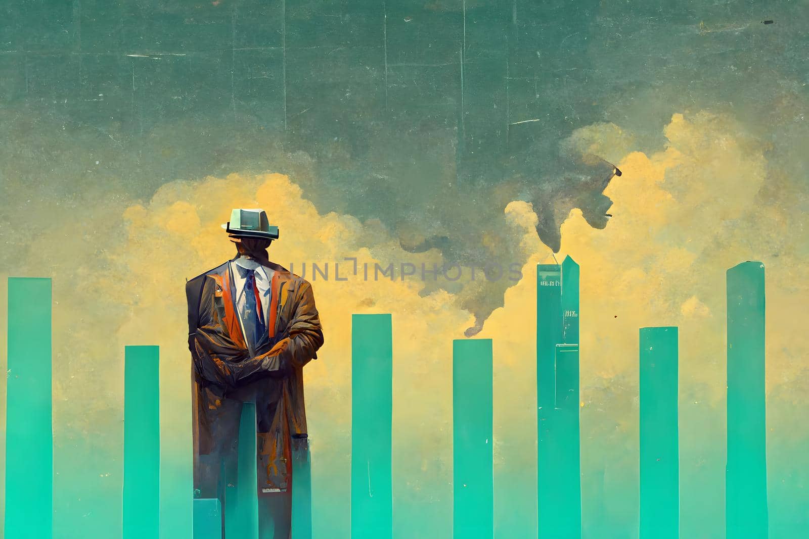 grotesque cartoon business man figure standing in front of bizarre styled charts and skyscraper buildings, neural network digitally generated art. Not based on any actual scene or pattern.