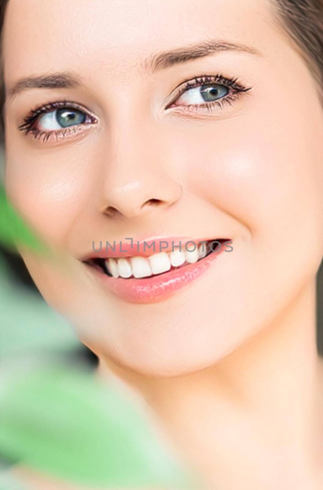 Natural beauty, perfect white teeth and healthy smile, beautiful woman in nature for skincare cosmetics and dental care, close-up portrait