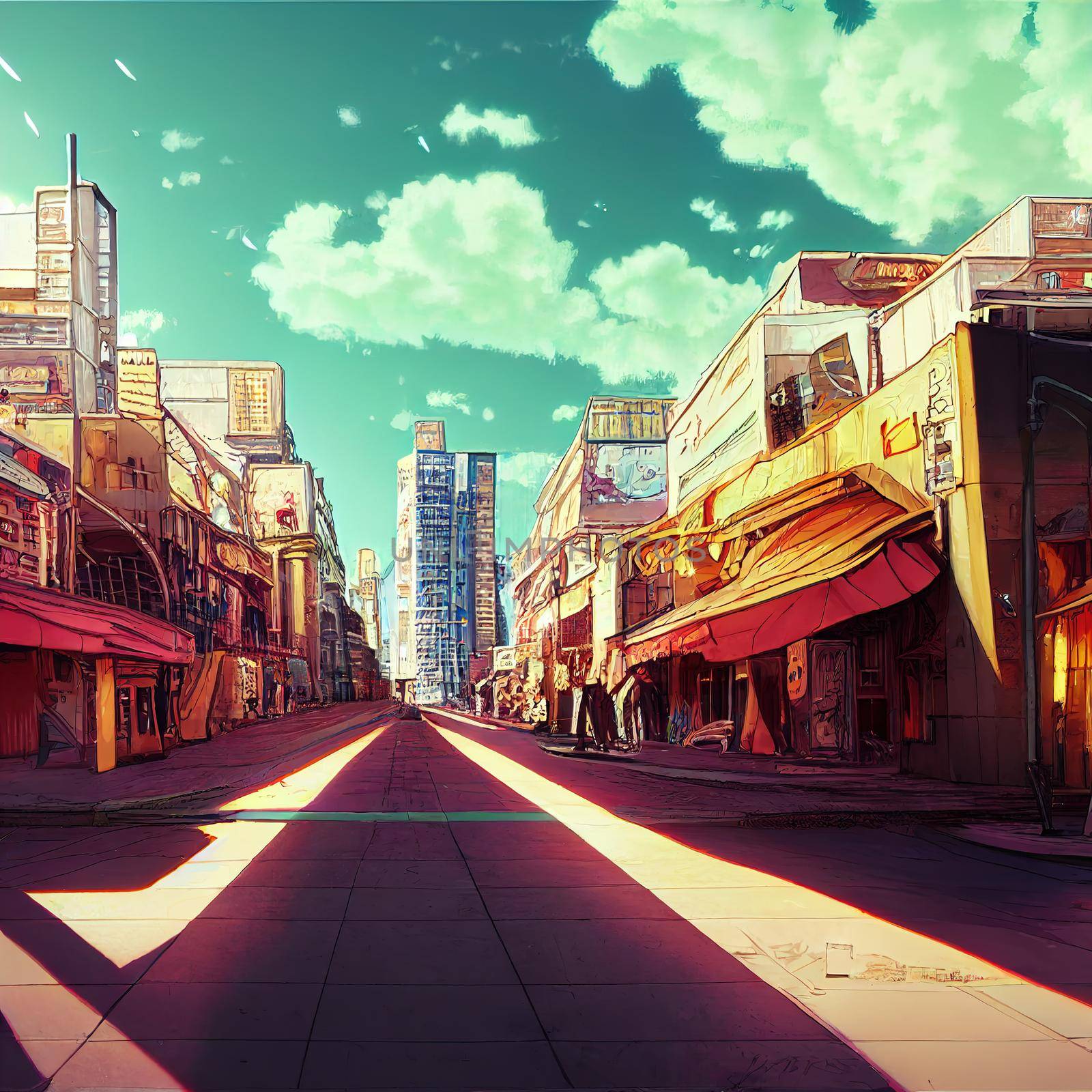 anime style city street with a lot of shops by 2ragon