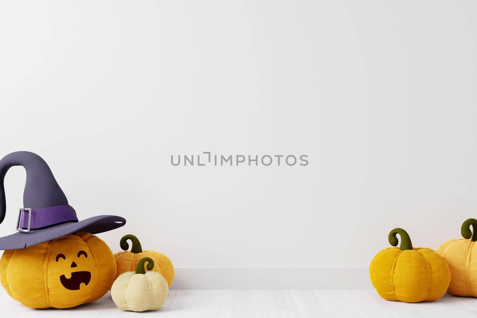 Halloween copyspace background with smiling pumpkins wearing hat on white background, smiling pumpkin face wearing hat, 3D rendering, Halloween theme with pumpkins on white background 3D illustration.