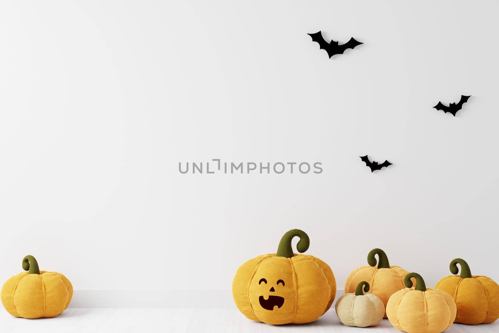 Halloween background copyspace with pumpkins and bats on white background, smiling pumpkin face, flying bats, 3D rendering, Halloween theme with pumpkins and bats on white background 3D illustration.