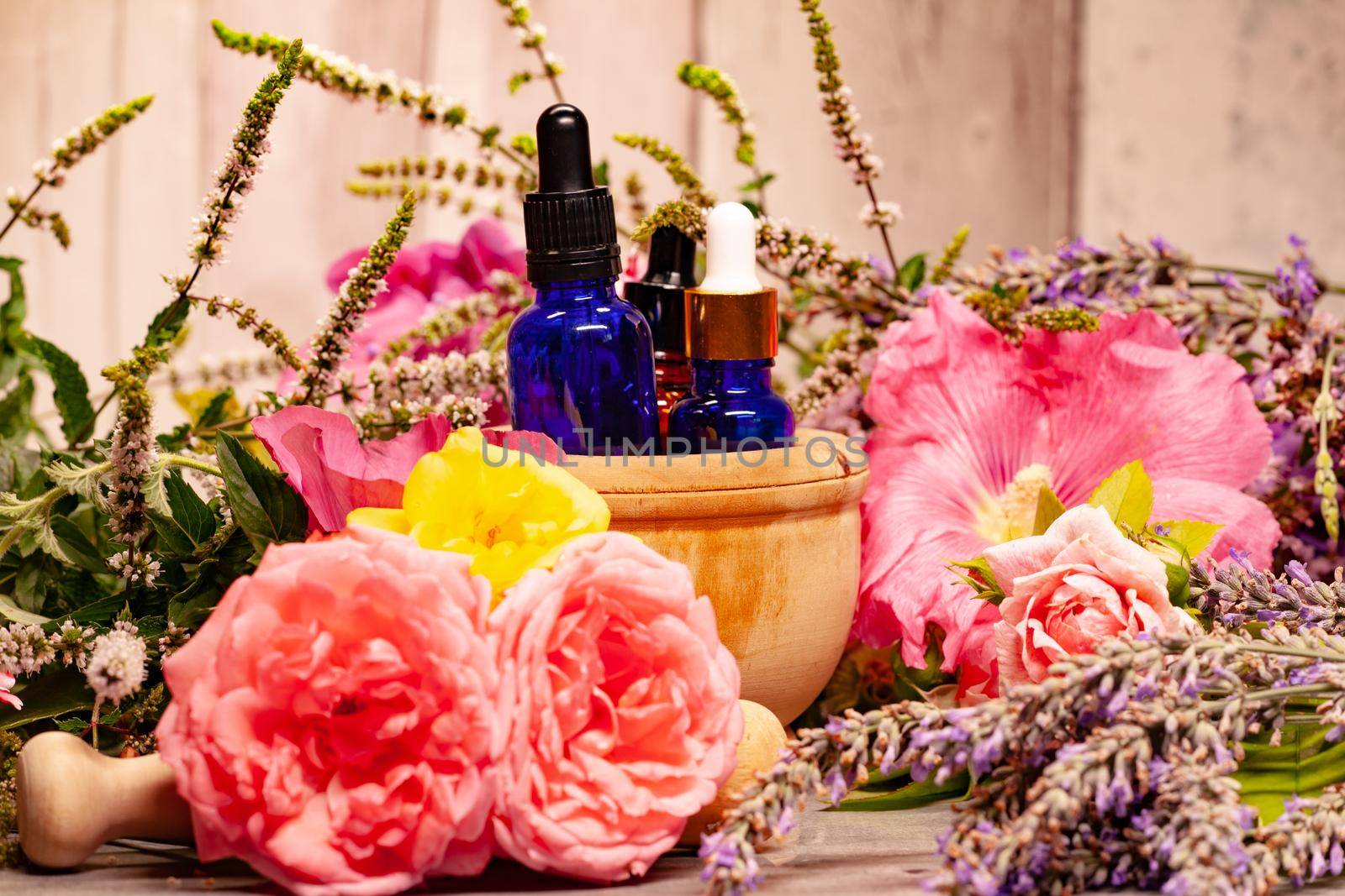 flowers and bottles of essential oils for aromatherapy