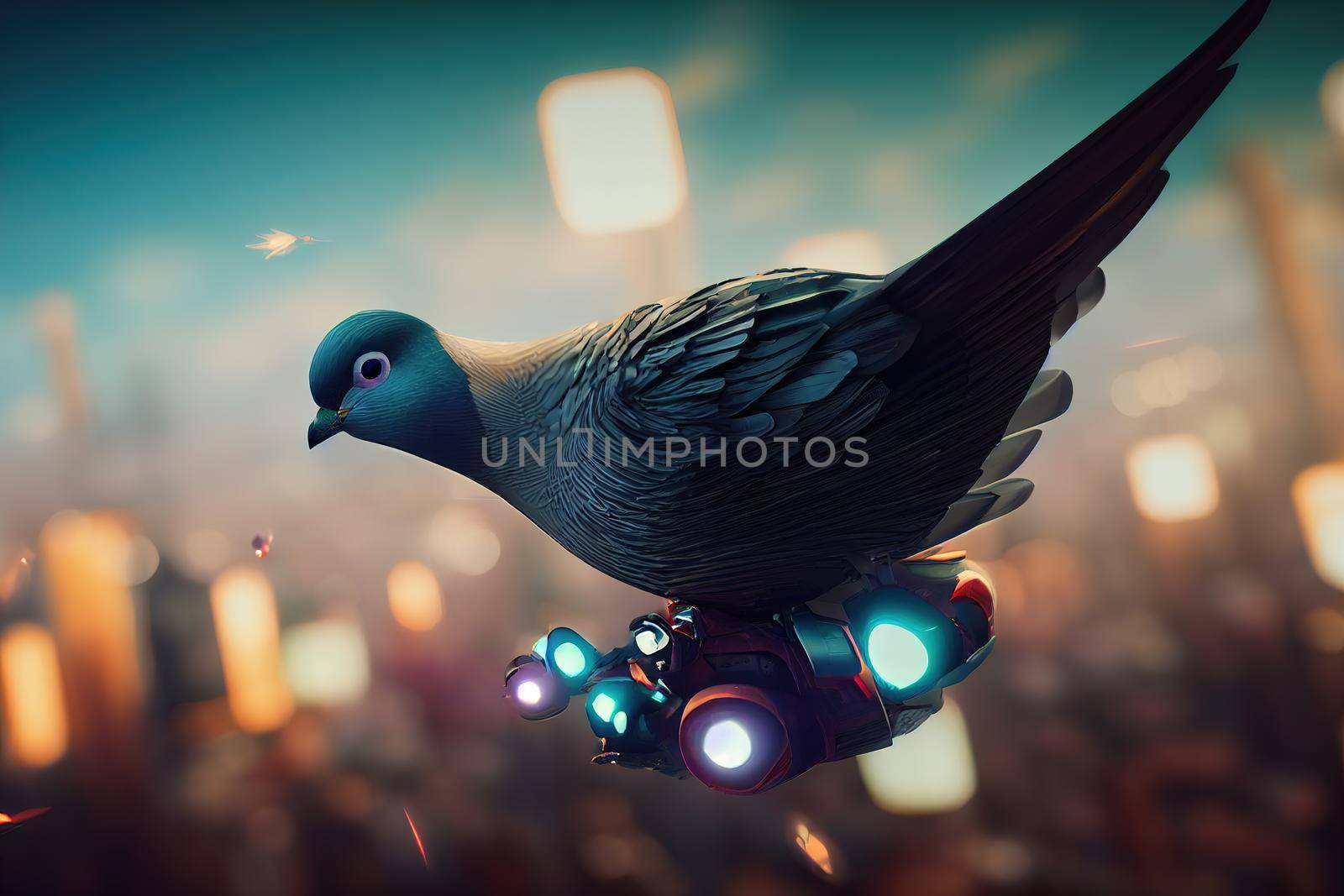 flying futuristic pigeon cartoon style. High quality 3d illustration