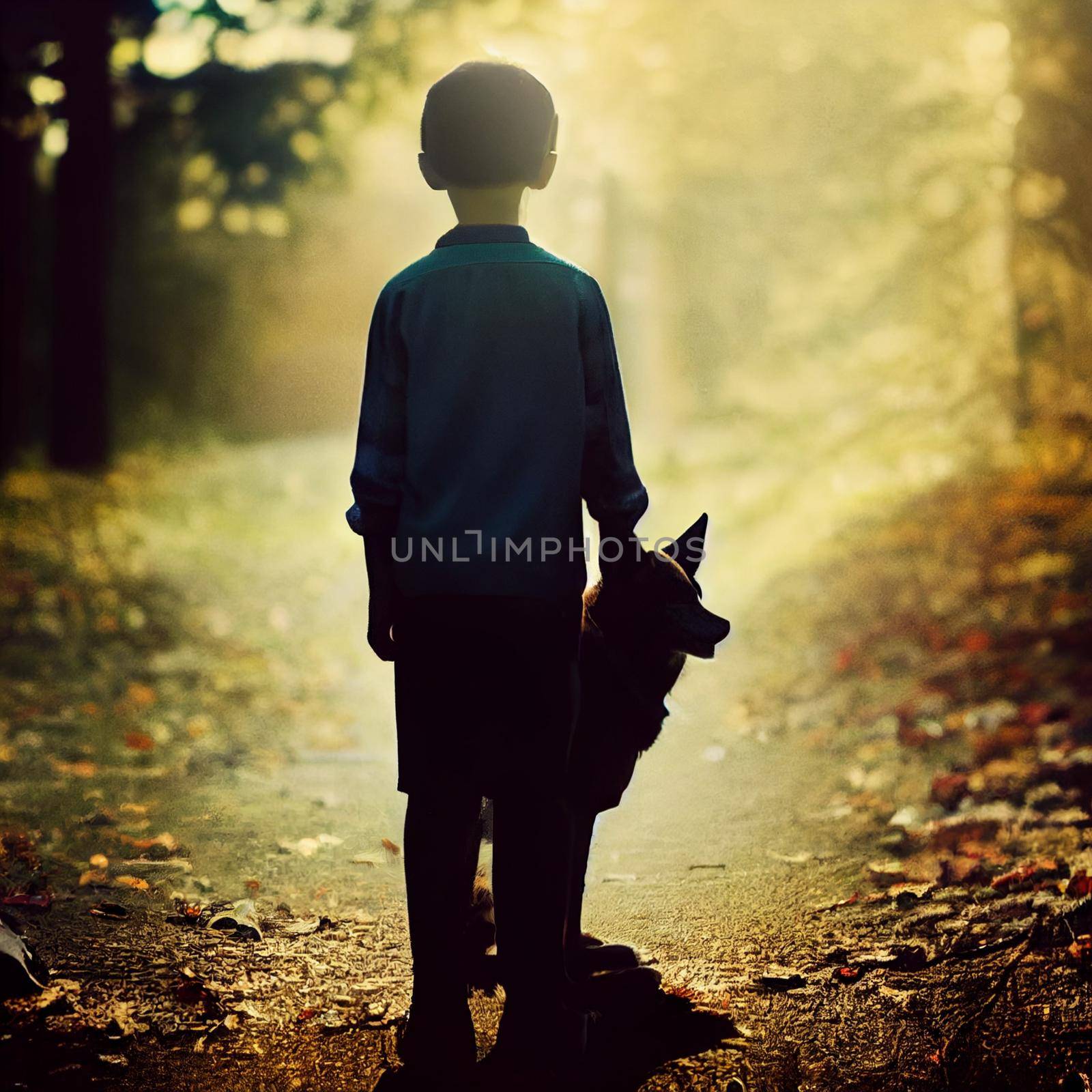 A boy with a dog on a walk. High quality illustration