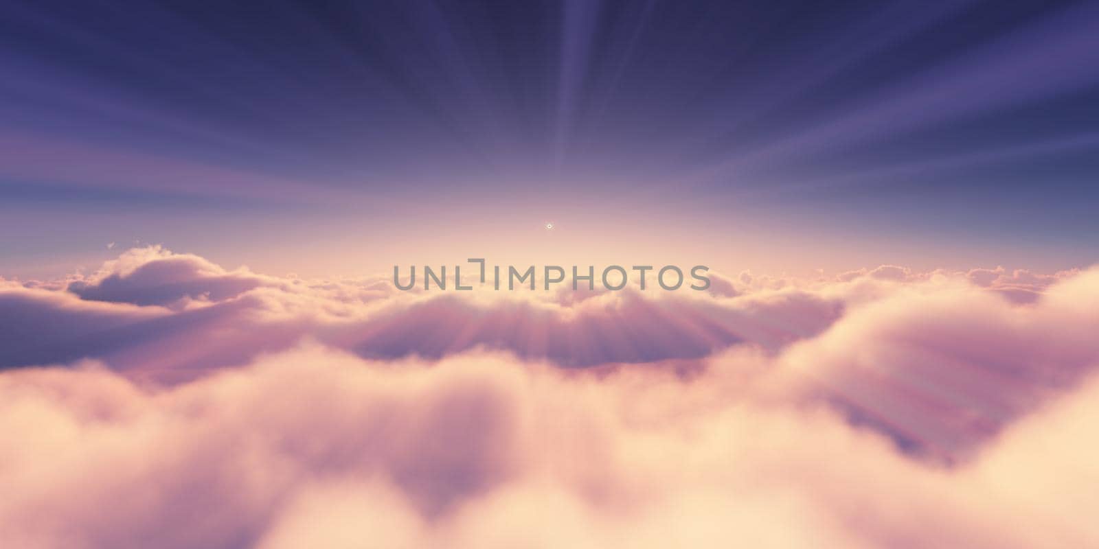 above clouds sunrise sun ray illustration, 3d rendering