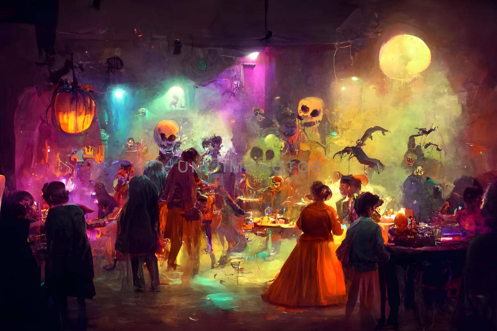 colorful halloween indoor party, neural network generated art. Digitally generated image. Not based on any actual scene or pattern.