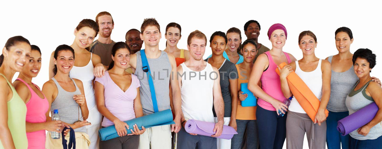Yoga class in isolation. Portrait of a group of yoga enthusiasts isolated on white