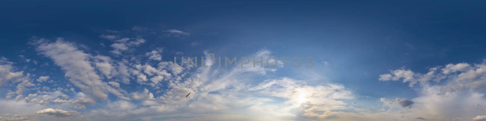 Dark blue sunset sky panorama with pink Cumulus clouds. Seamless hdr 360 pano in spherical equirectangular format. Full zenith for 3D visualization, game, sky replacement for aerial drone panoramas