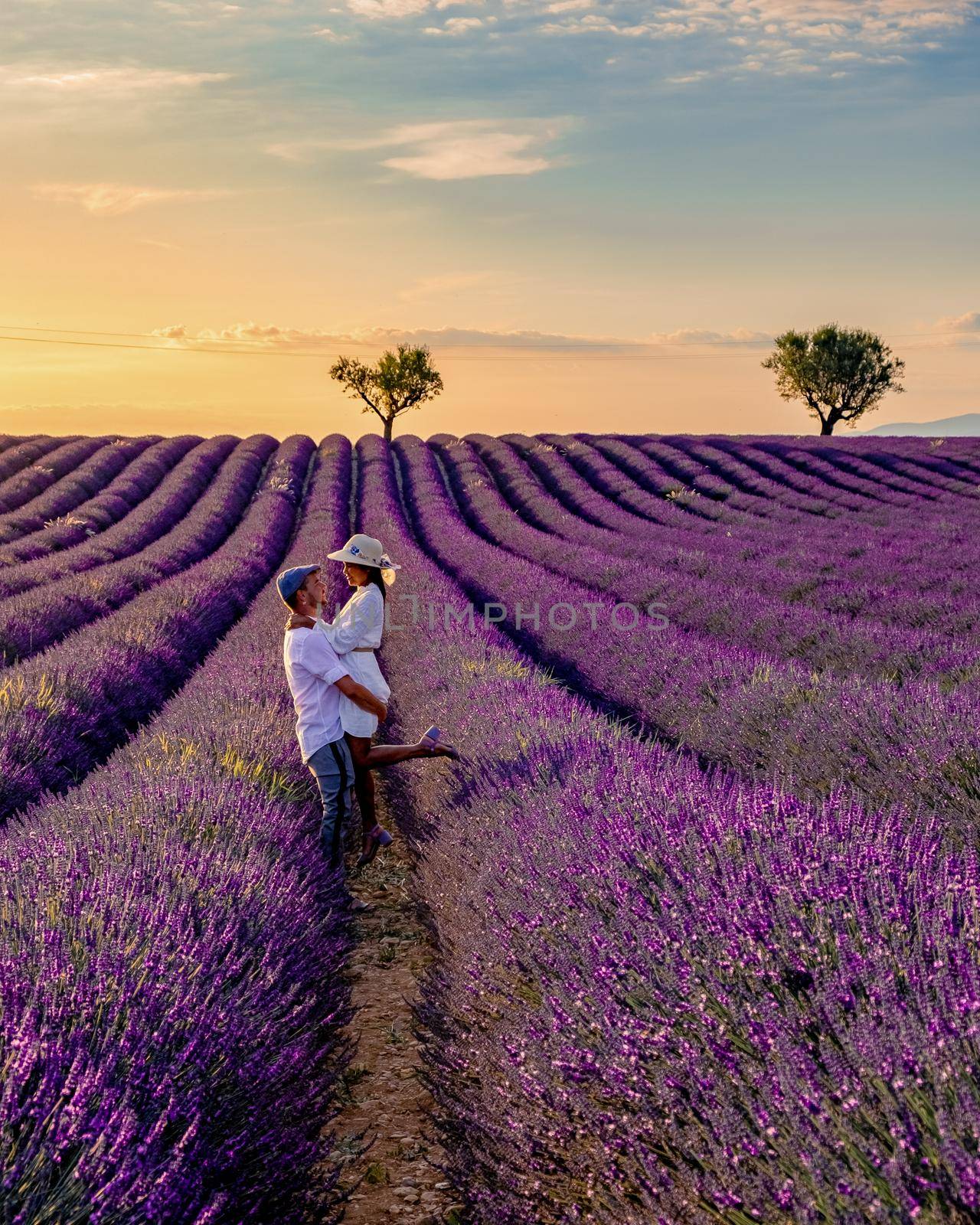 Couple men and woman on vacation at the Provence lavender fields, France, Valensole Plateau, by fokkebok