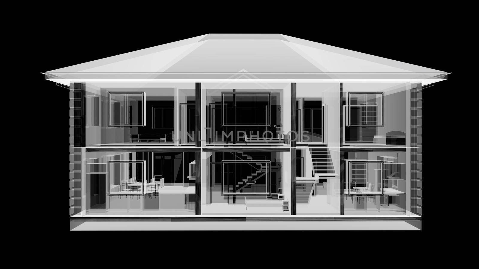 House 3D rendered xray transparent. 3d illustration