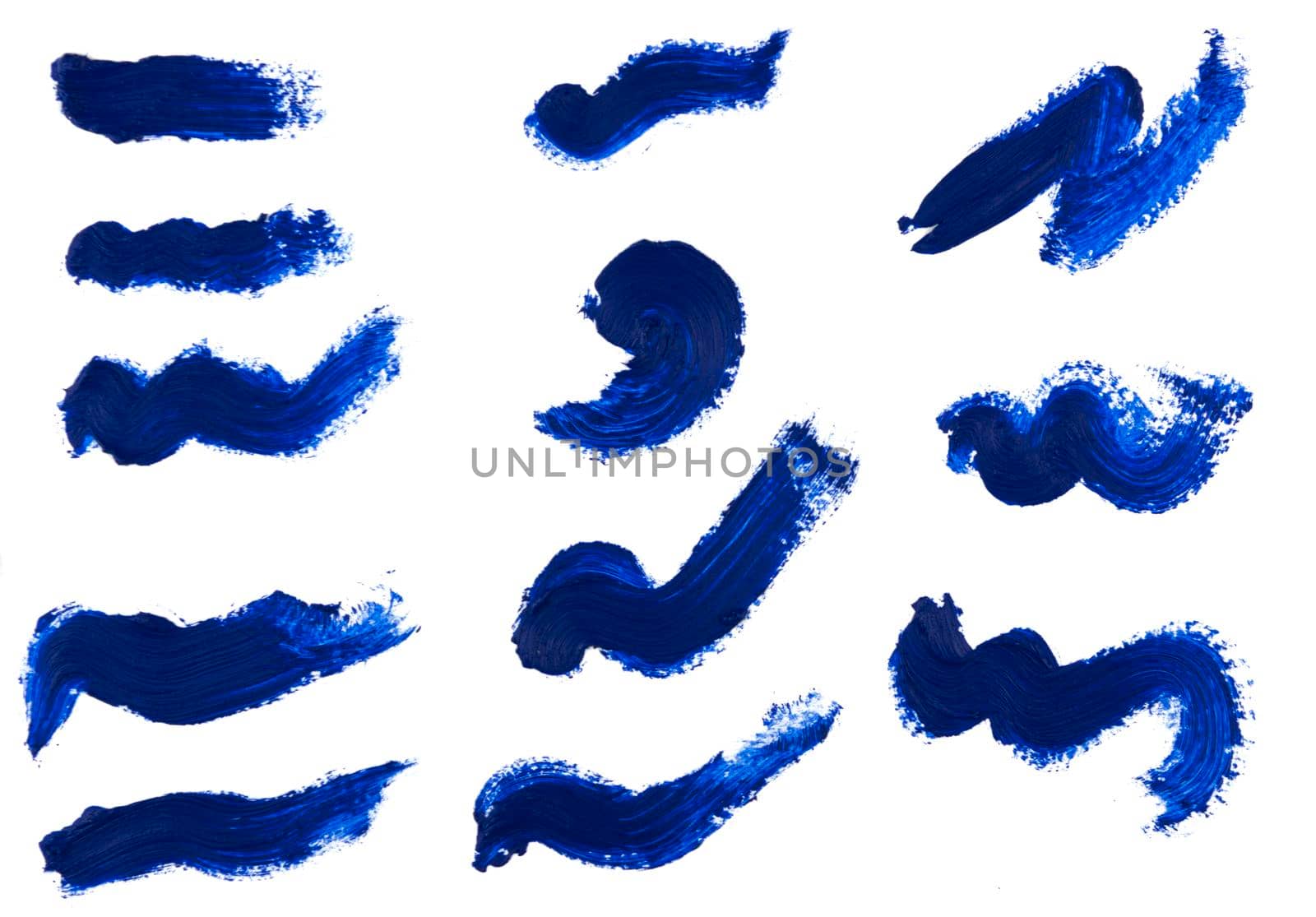 Collection abstract blue wave brush strokes isolated on white background