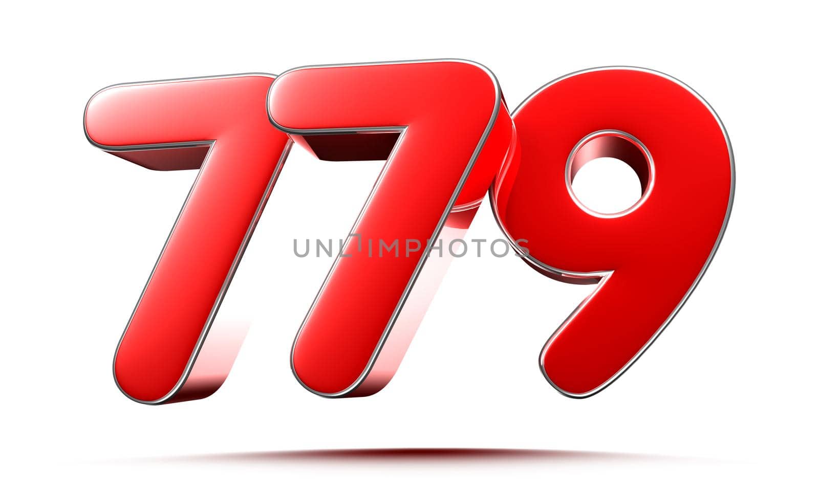 Rounded red numbers 779 on white background 3D illustration with clipping path