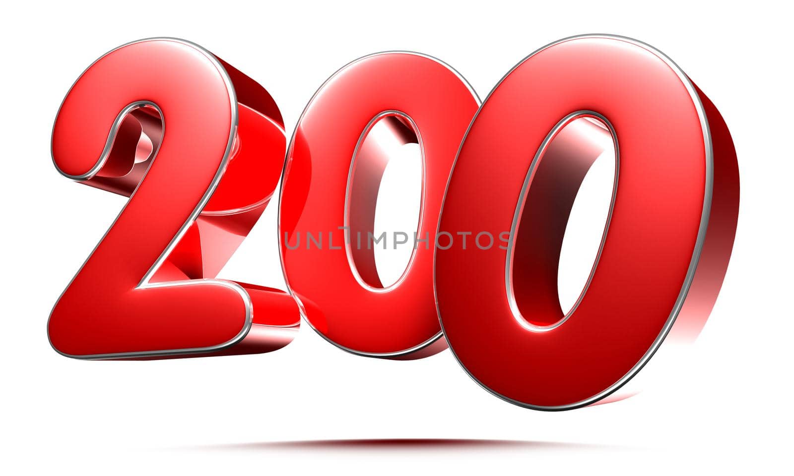 Rounded red numbers 200 on white background 3D illustration with clipping path