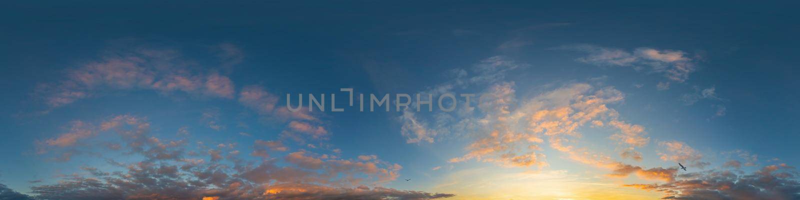 Dark blue twilight sky panorama with Cumulus clouds. Seamless hdr 360 panorama in spherical equiangular format. Full zenith or sky dome for 3D visualization, sky replacement for aerial drone panoramas