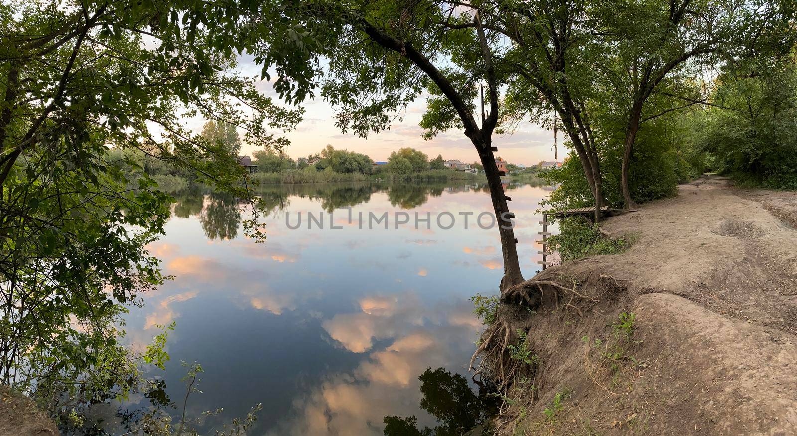 Summer forest lake with mirror reflection of trees and vegetation near the village.