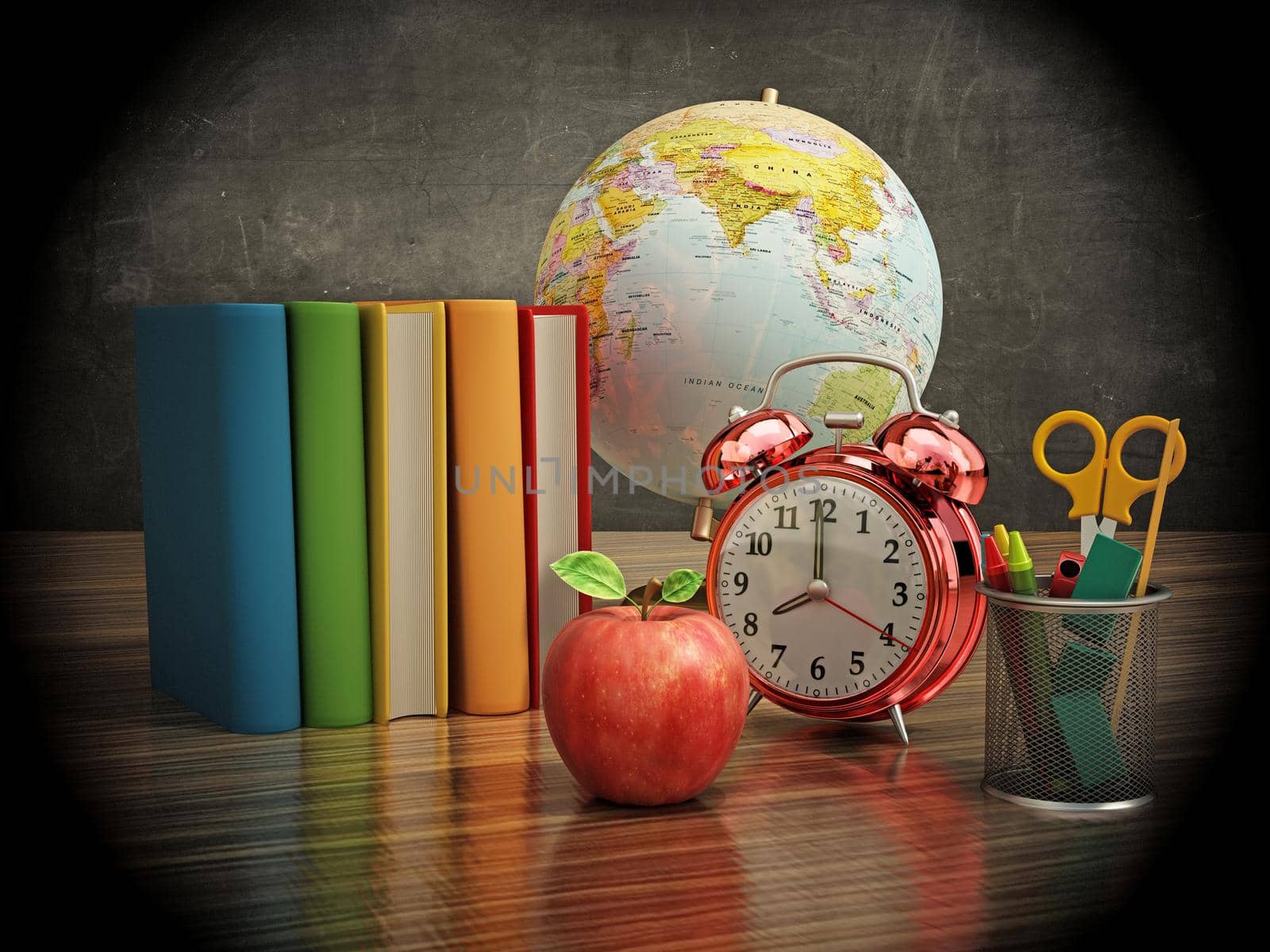 Red apple, books, pencil holder, model globe and alarm clock on green board. 3D illustration.