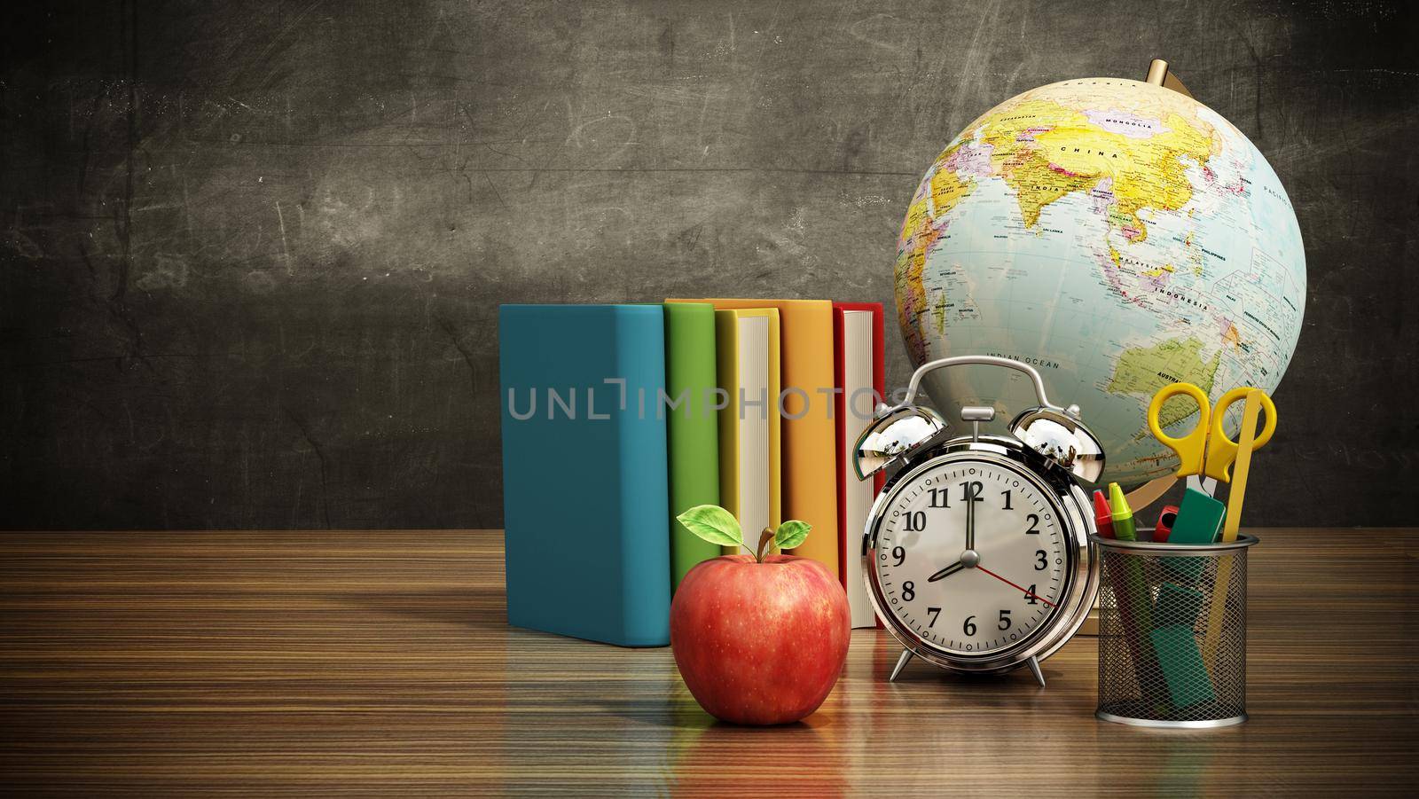 Red apple, books, pencil holder, model globe and alarm clock on green board. 3D illustration.