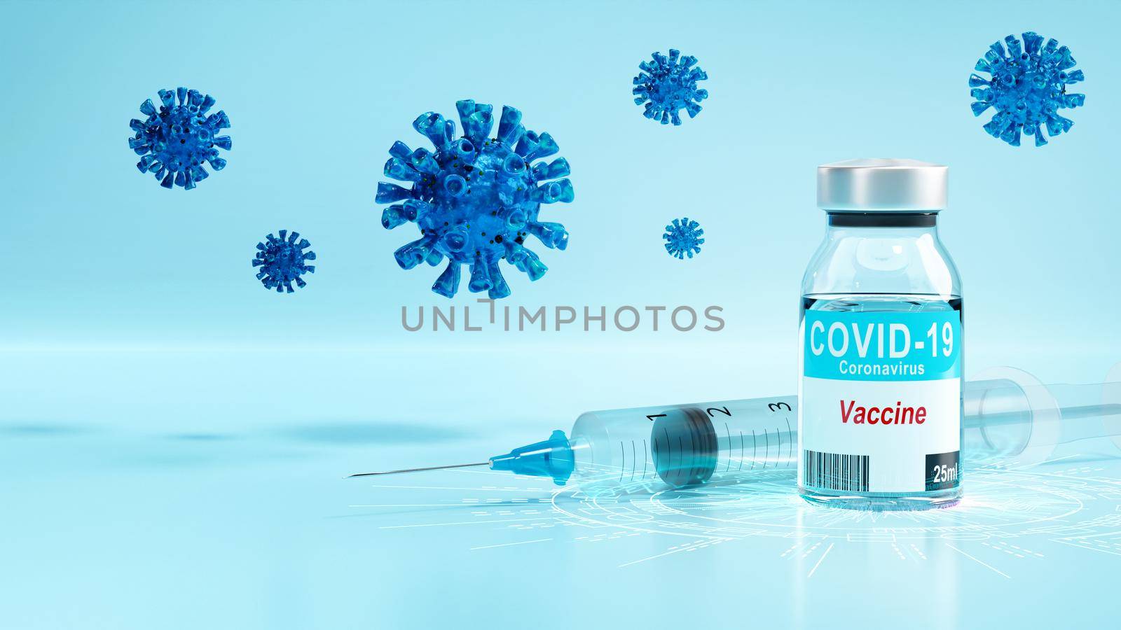 Medical syringe with a needle and a bollte with vaccine. 3D rendering by Taut