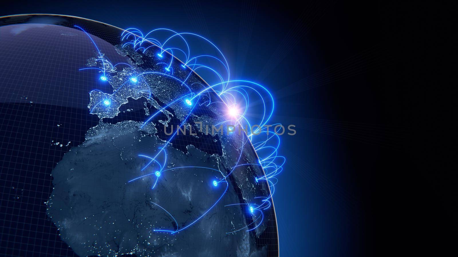 Globalization and communication concept. Earth and luminous rays. 3d rendering by Taut