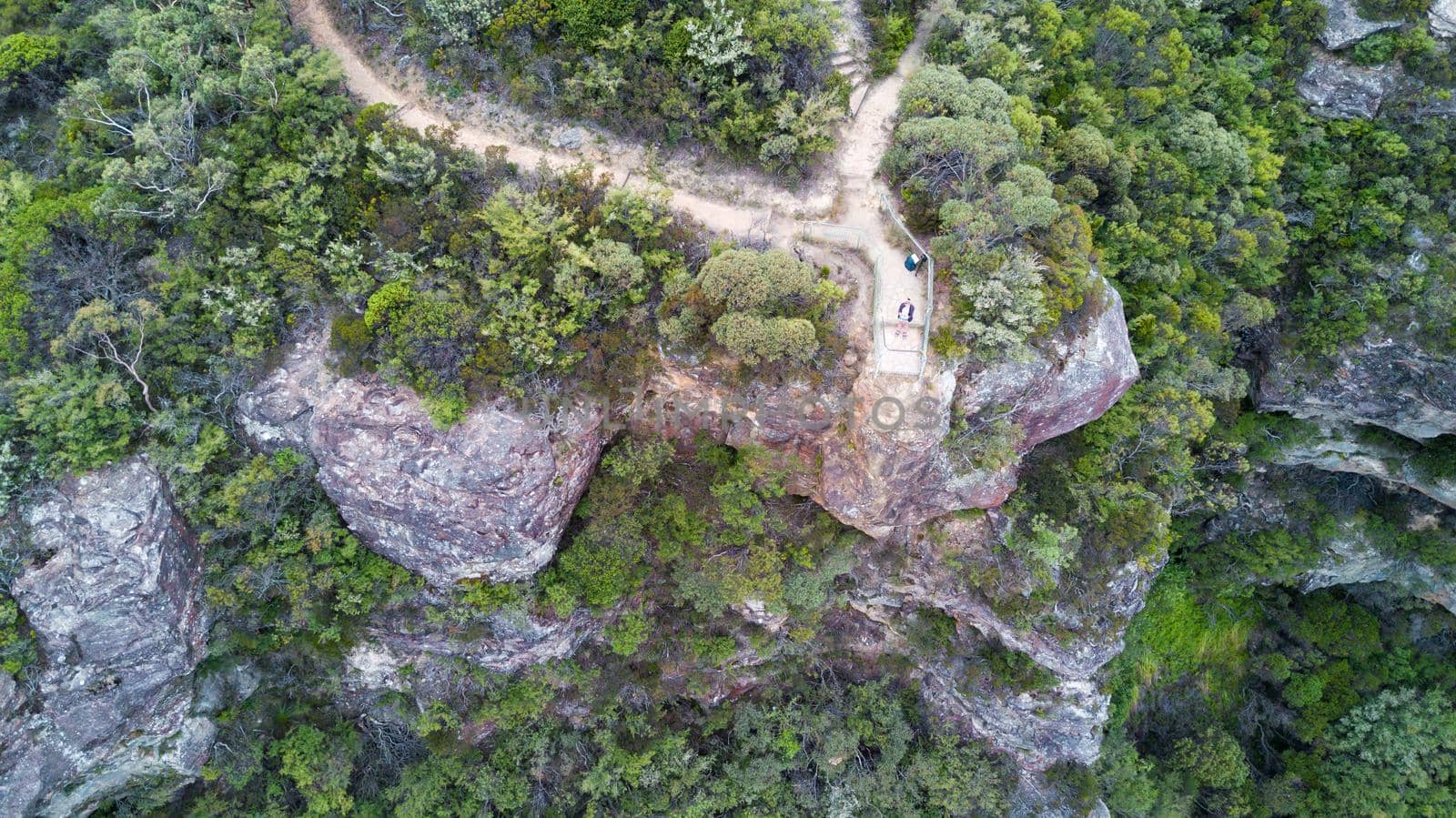 Birds eye aerial view of cliff top lookout Blue Mountains, Australia