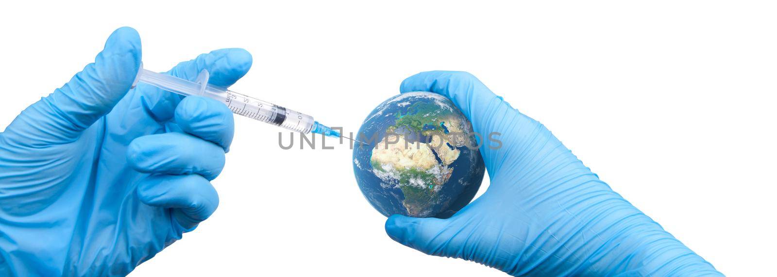 Doctor hold a earth globe in hands and a medical syringe with vaccine against corona virus. 3D rendering. Elements of this image furnished by NASA. by Taut