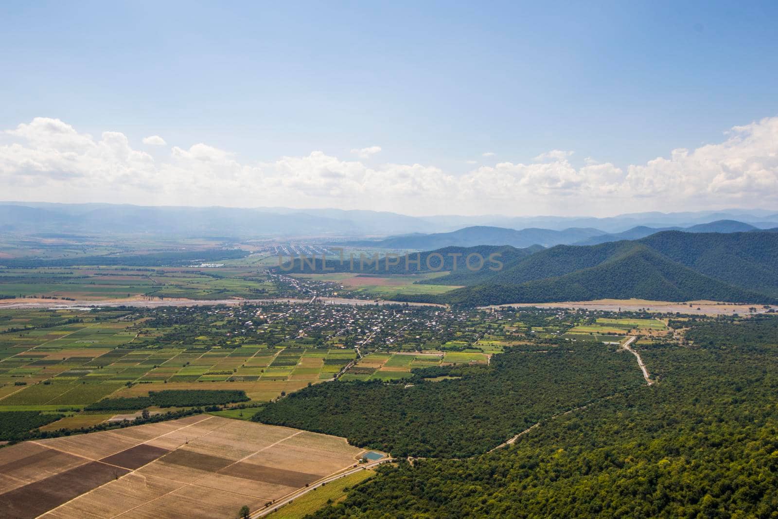 High angle view of agricultural fields in Kakheti, Georgia. Fields and sky
