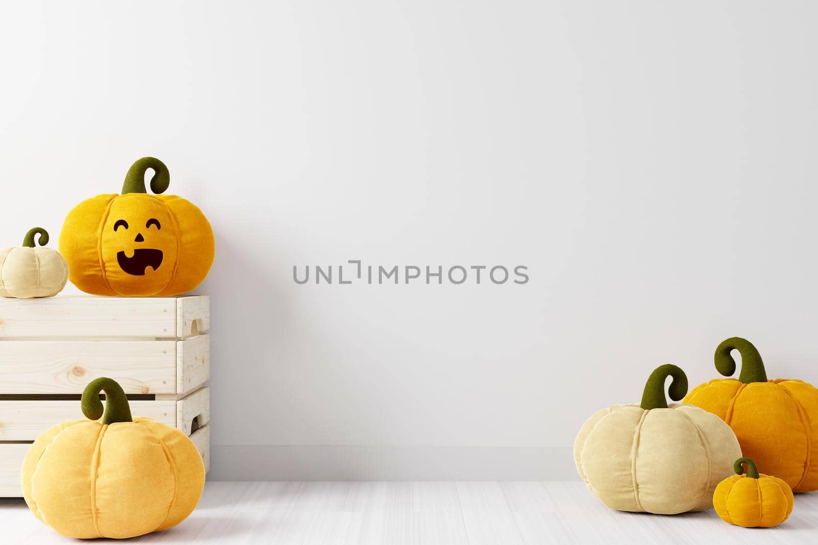 Halloween background copyspace with pumpkins on white background, smiling pumpkin face, wooden pallet, 3D rendering, Halloween theme with pumpkins on white background 3D illustration.
