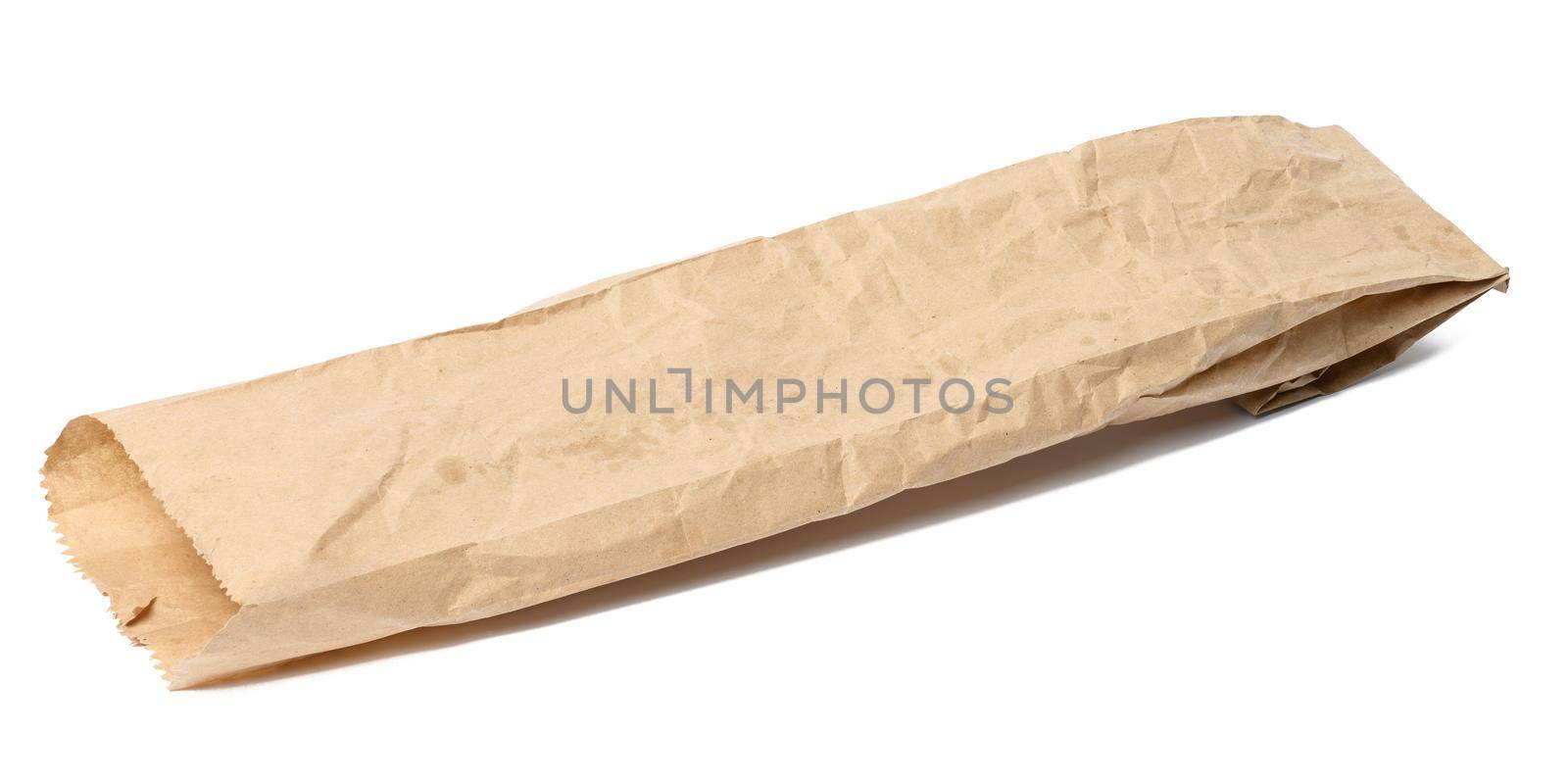  Empty oblong paper bag for a baguette on a white isolated background