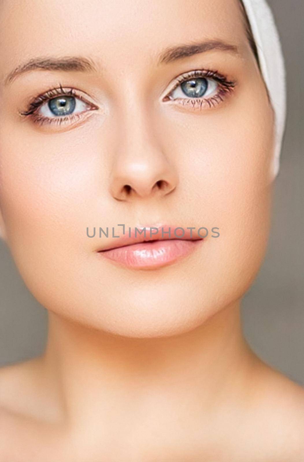 Skin care and beauty routine, beautiful woman with white towel wrapped around head, skincare cosmetics and face cosmetology by Anneleven