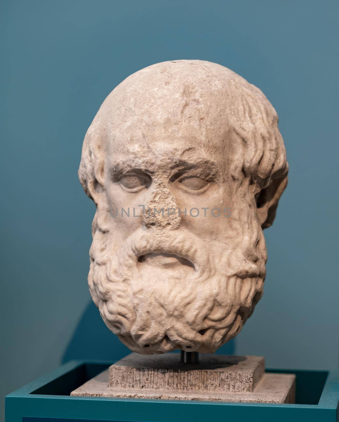 Berlin, Germany - 18 September 2019: Famous bust of Euripides in Berlin Altes museum. Ancient sculpture at exibition in Germany