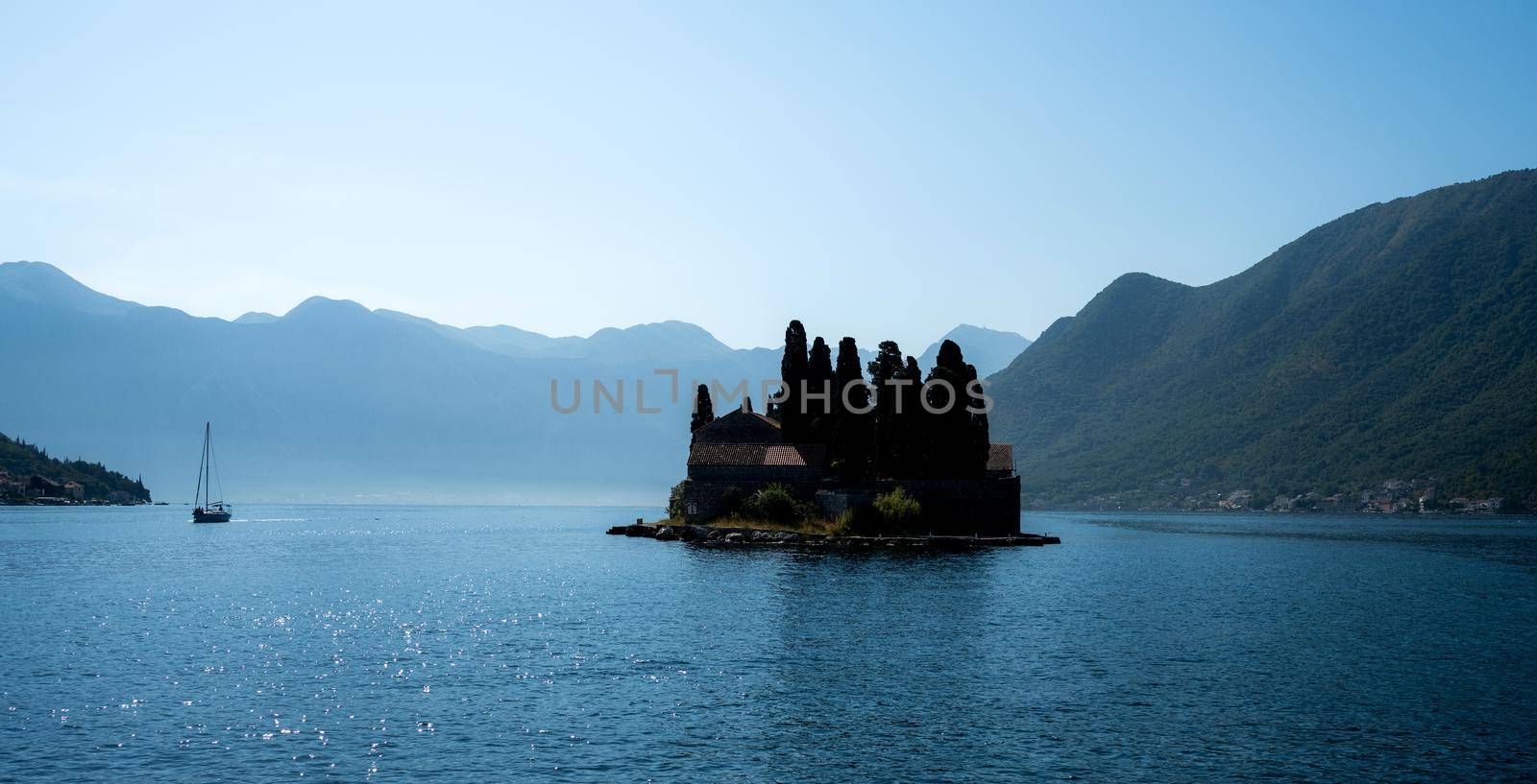 Saint George island in Montenegro, Adriatic sea view. Beautiful landmark in Kotor bay with sunset light